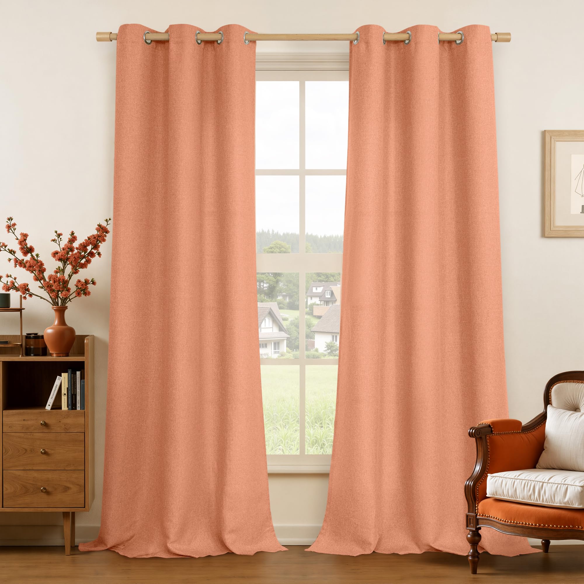 LAMIT Linen Curtains 84 inch Length 2 Panels, Grommet Thick Soft Light Filtering Curtains Privacy Living Room Window Drapes for Bedroom/Farmhouse, W52 x L84, Natural Beige
