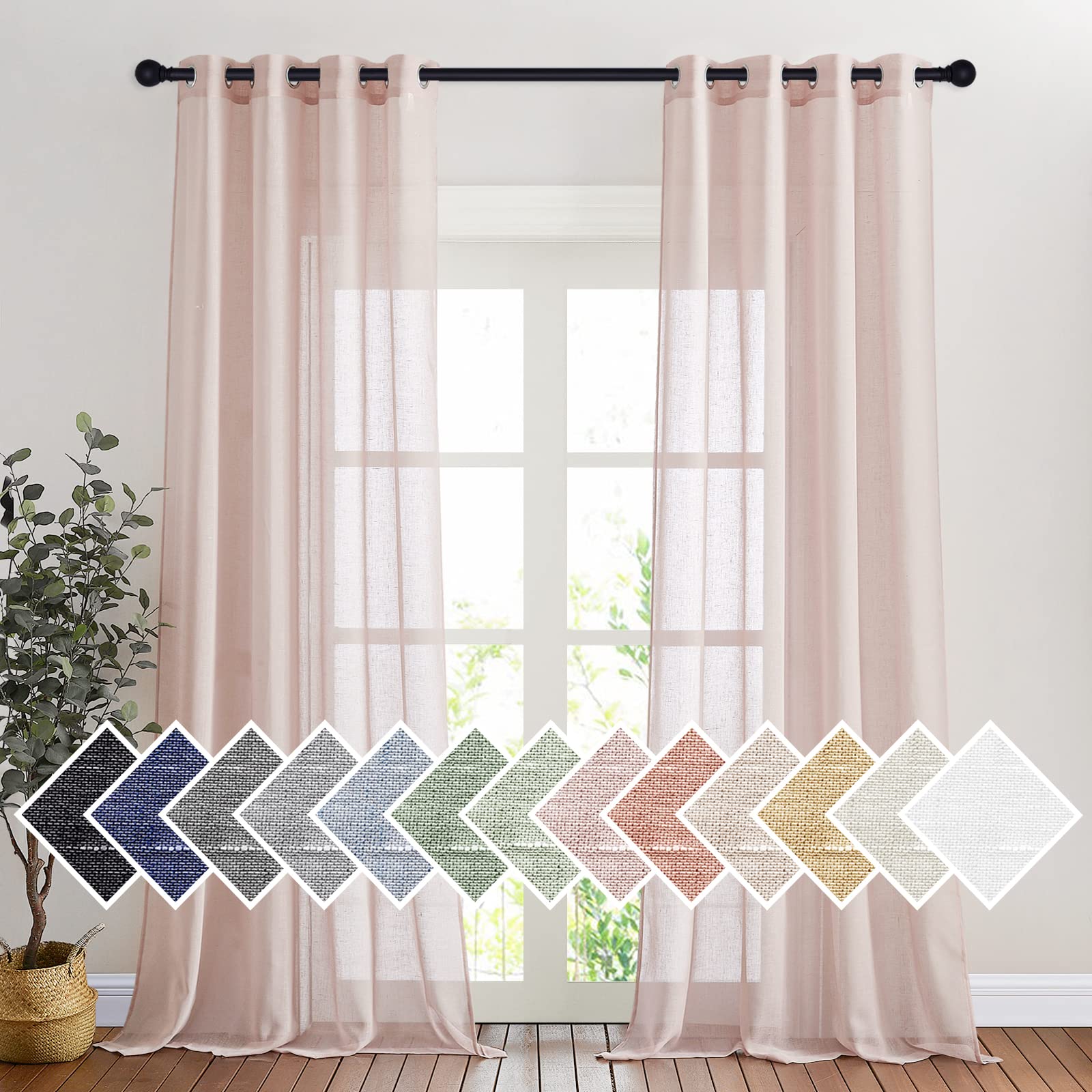 NICETOWN Semi Sheer Linen Curtains for Bedroom 84 inches Long, Grommet Privacy Vertical Farmhouse Window with Light Filtering for Living Room, Natural, W52 x L84, 2 Pieces