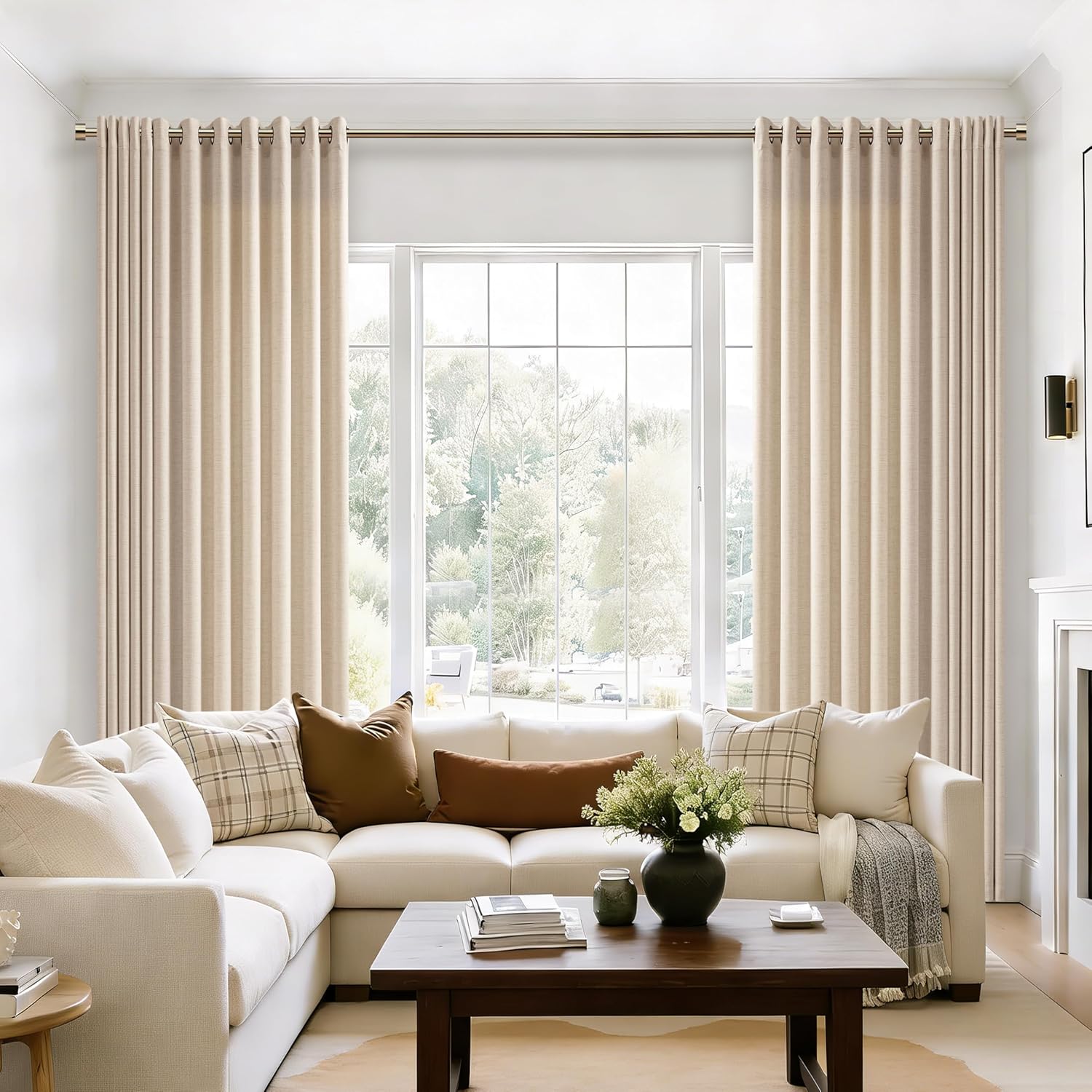 Natural Linen Curtains 96 Inches Long 2 Panels Bronze Grommet Curtain Burlap Ivory Cream Colored Light Filtering Semi Sheer Drapes Thick Linen Blend Floor to Ceiling Length Living Room 8ft