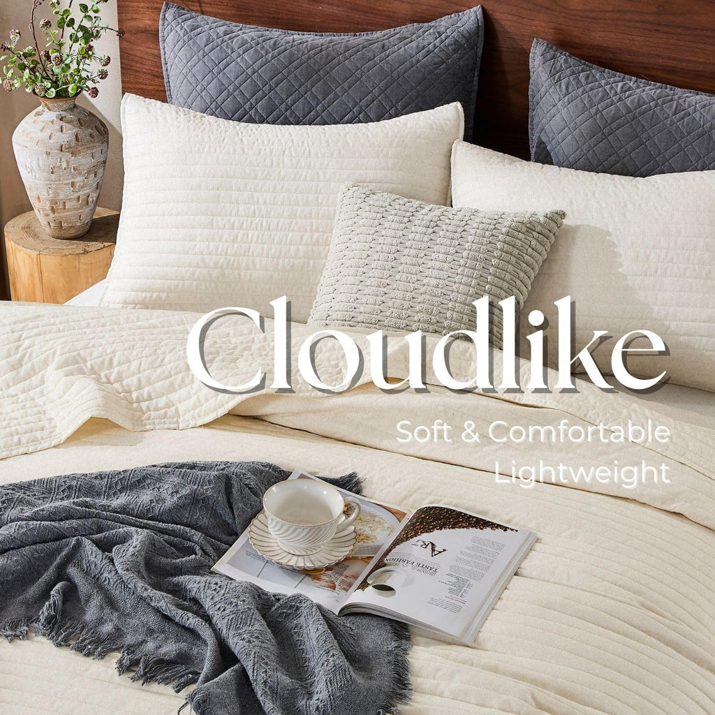 DOWN HOME Queen Quilt Bedding Set with Shams, Vintage Washed Soft Quilted Blanket Thin Comforter Lightweight Bedspread Coverlet Bed Cover, Brushed Microfiber Stripe Stitching, Linen White, 86"x90"