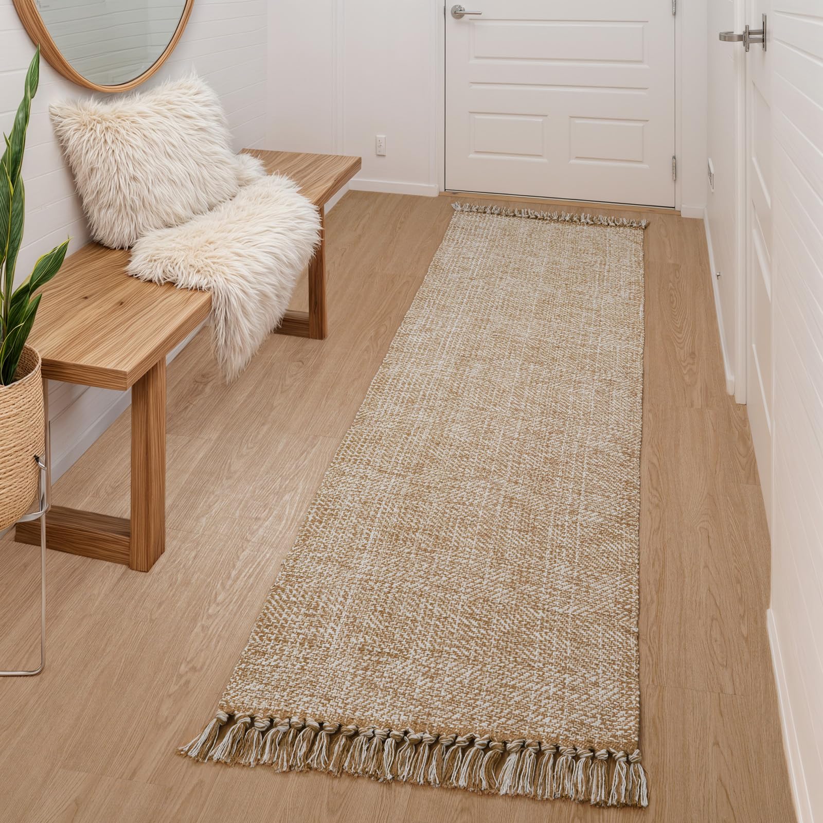 Collive Washable Area Rug 3' x 5', Modern Farmhouse Woven Kitchen Rugs, Tan/Cream Indoor Outddor Mat Braided Throw Carpet for Entryway Bedroom Nursery Laundry Living Room
