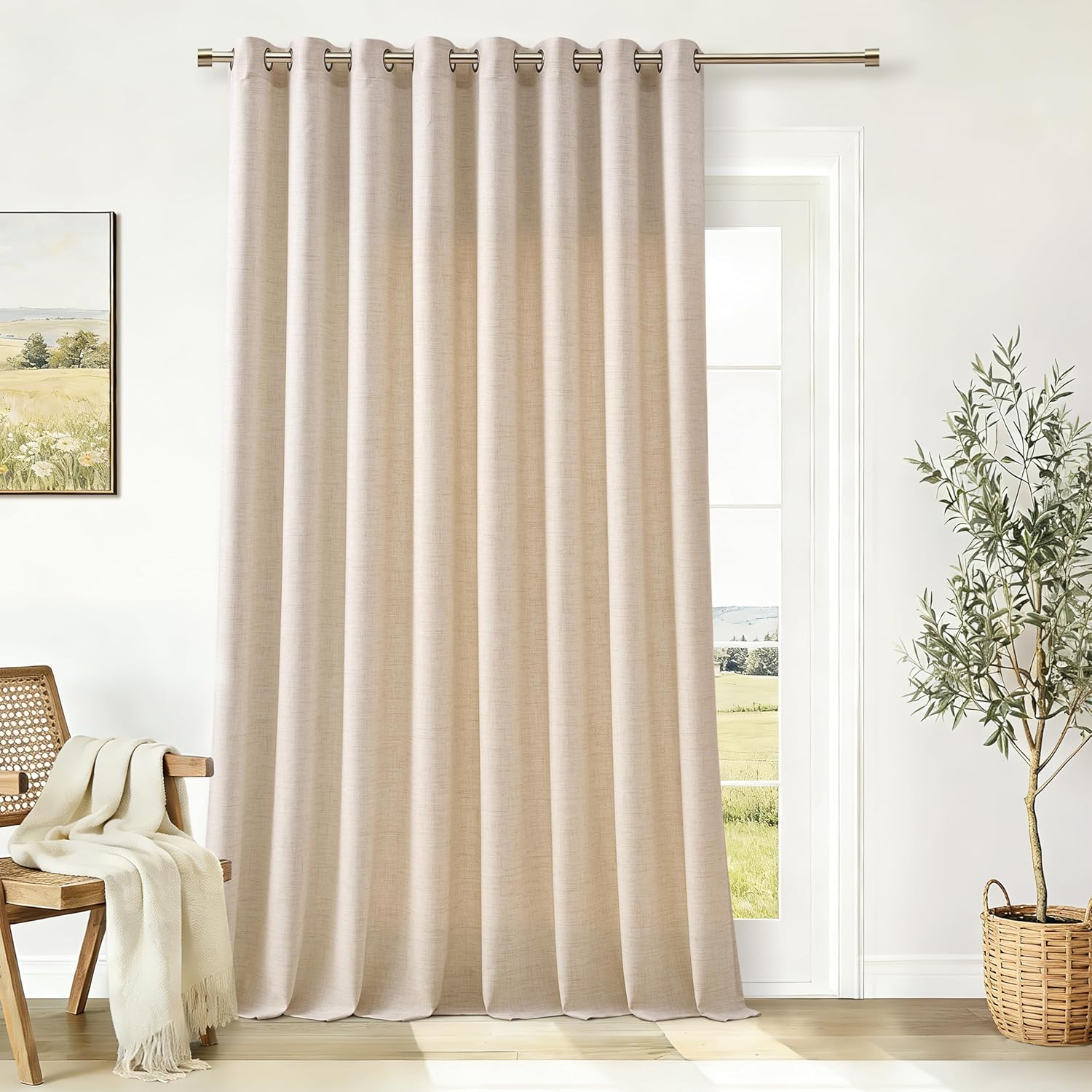 Natural Linen Curtains 96 Inches Long 2 Panels Bronze Grommet Curtain Burlap Ivory Cream Colored Light Filtering Semi Sheer Drapes Thick Linen Blend Floor to Ceiling Length Living Room 8ft