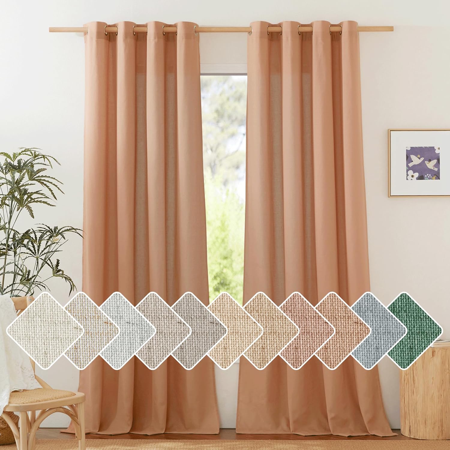 NICETOWN Natural Linen Curtains 84 inch Long 2 Panels Set, Grommet Top Thick Linen Burlap Semi Sheer Vertical Drapes Privacy Assured with Light Filtering for Bedroom/Living Room, W55 x L84