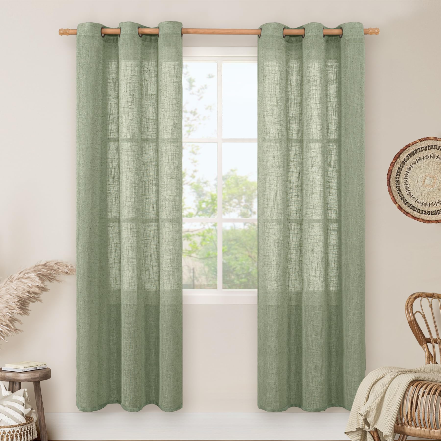 LAMIT Natural Ivory Linen Semi Sheer Curtains 84 inch Length, Cream Light Filtering Soft Thick Neutral Living Room Drapes with Bronze Grommet for Bedroom/Farmhouse, 2 Panels, 52 x 84 Inch