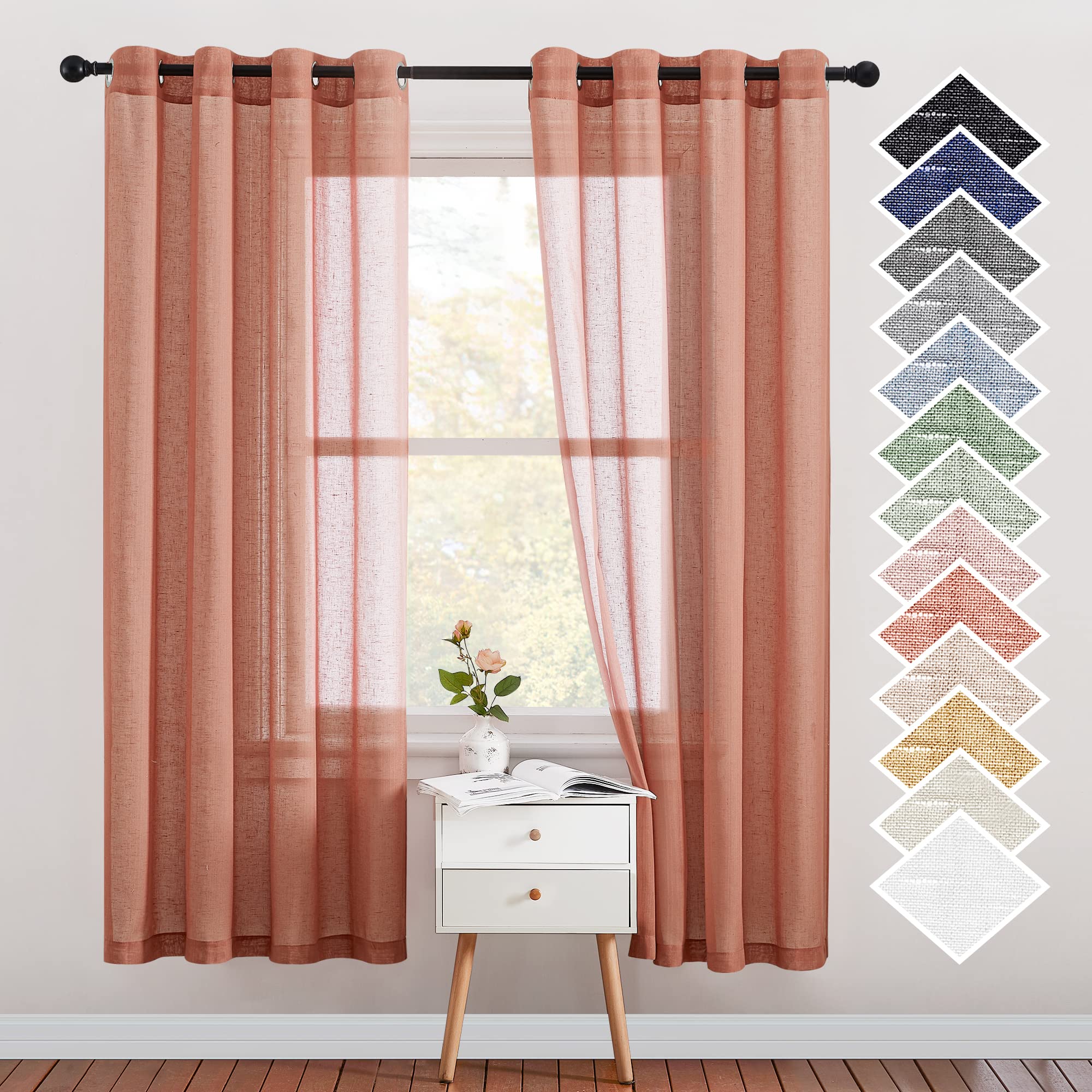 NICETOWN Semi Sheer Linen Curtains for Bedroom 84 inches Long, Grommet Privacy Vertical Farmhouse Window with Light Filtering for Living Room, Natural, W52 x L84, 2 Pieces