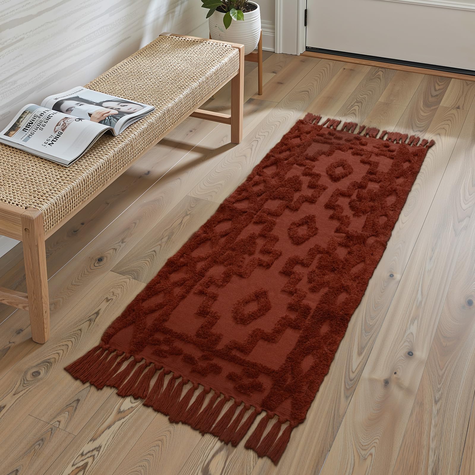 Uphome Boho Bathroom Rug 2' x 3', Washable Small Farmhouse Bedroom Rugs with Tassels, Beige Geometric Bath Mats for Home Decor, Cotton Woven Moroccan Tufted Throw Rug for Entryway Front Door Kitchen