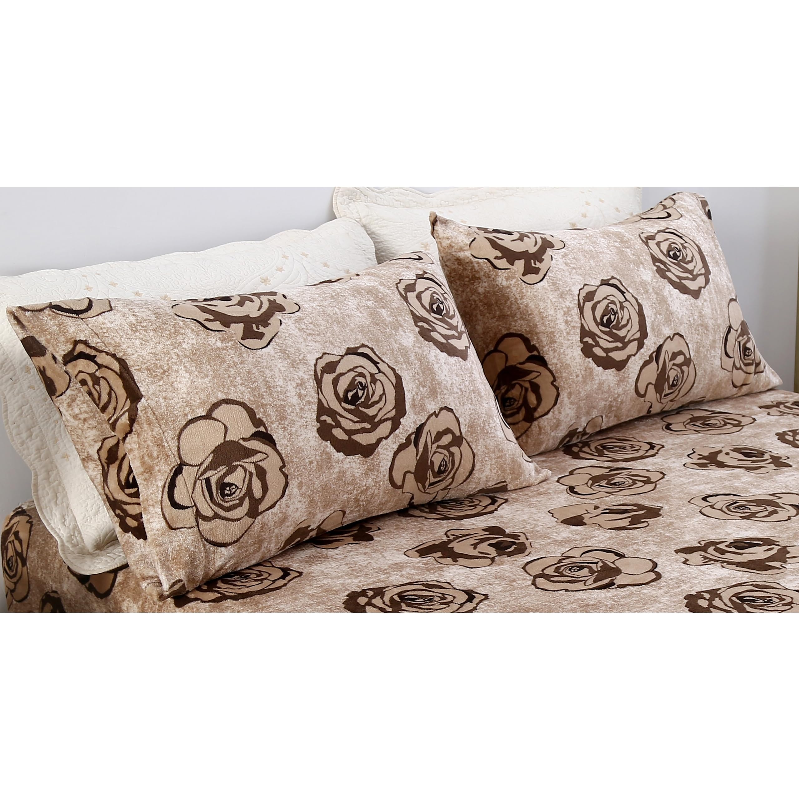 MAG 3Pcs Fleece Fitted Sheet Full Size with Brown Floral Pattern, Super Cute Fluffy Warm Flower Print Decor Bottom Sheets for Women Girls,included1*Fitted Sheet and 2*Pillowcases.
