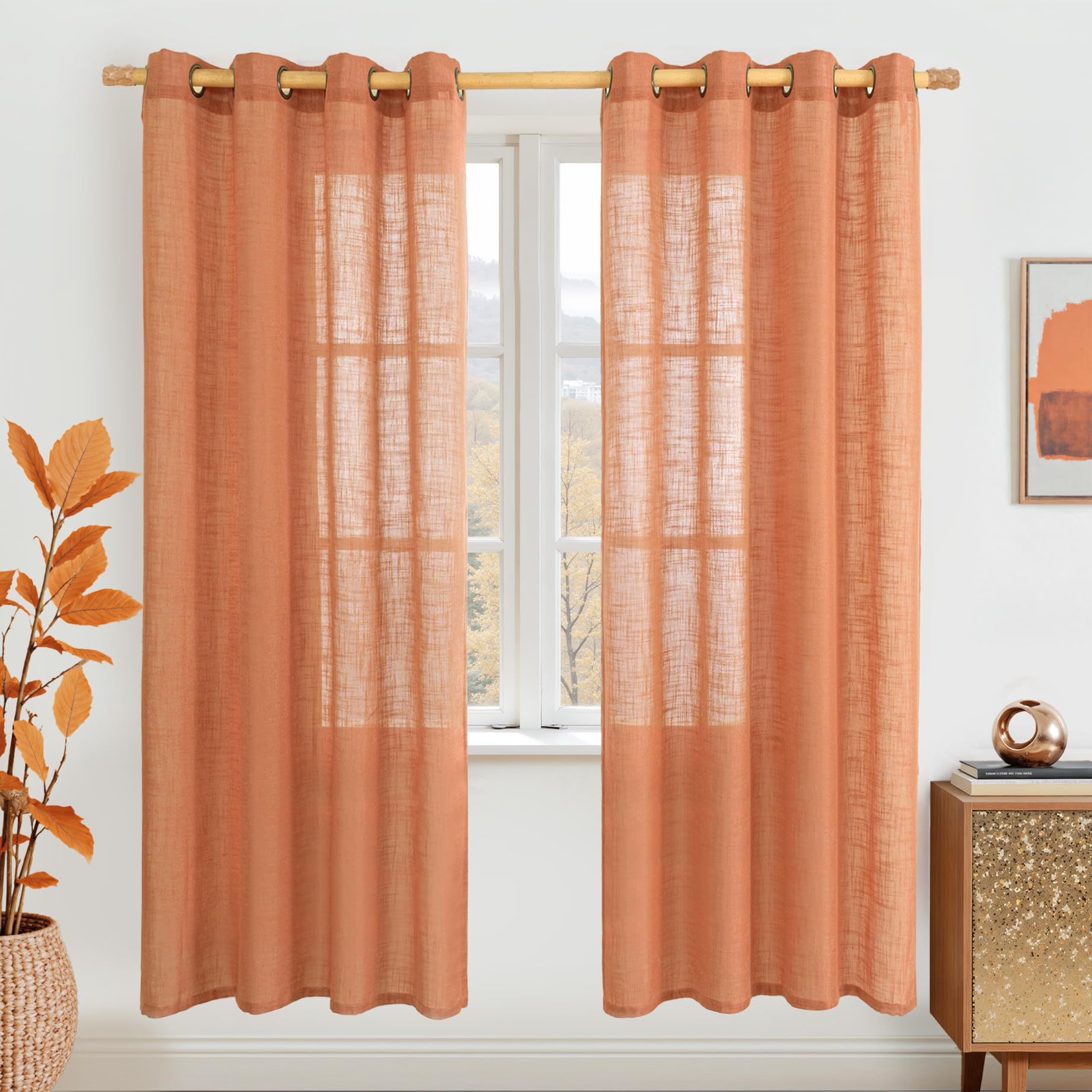 LAMIT Natural Ivory Linen Semi Sheer Curtains 84 inch Length, Cream Light Filtering Soft Thick Neutral Living Room Drapes with Bronze Grommet for Bedroom/Farmhouse, 2 Panels, 52 x 84 Inch