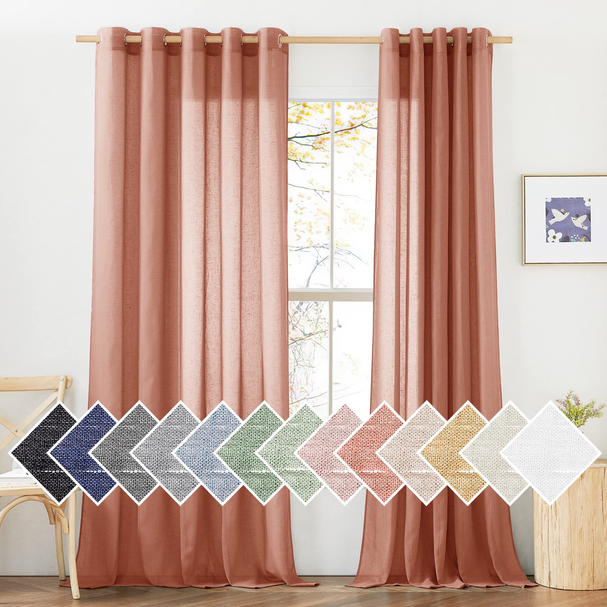 NICETOWN Semi Sheer Linen Curtains for Bedroom 84 inches Long, Grommet Privacy Vertical Farmhouse Window with Light Filtering for Living Room, Natural, W52 x L84, 2 Pieces