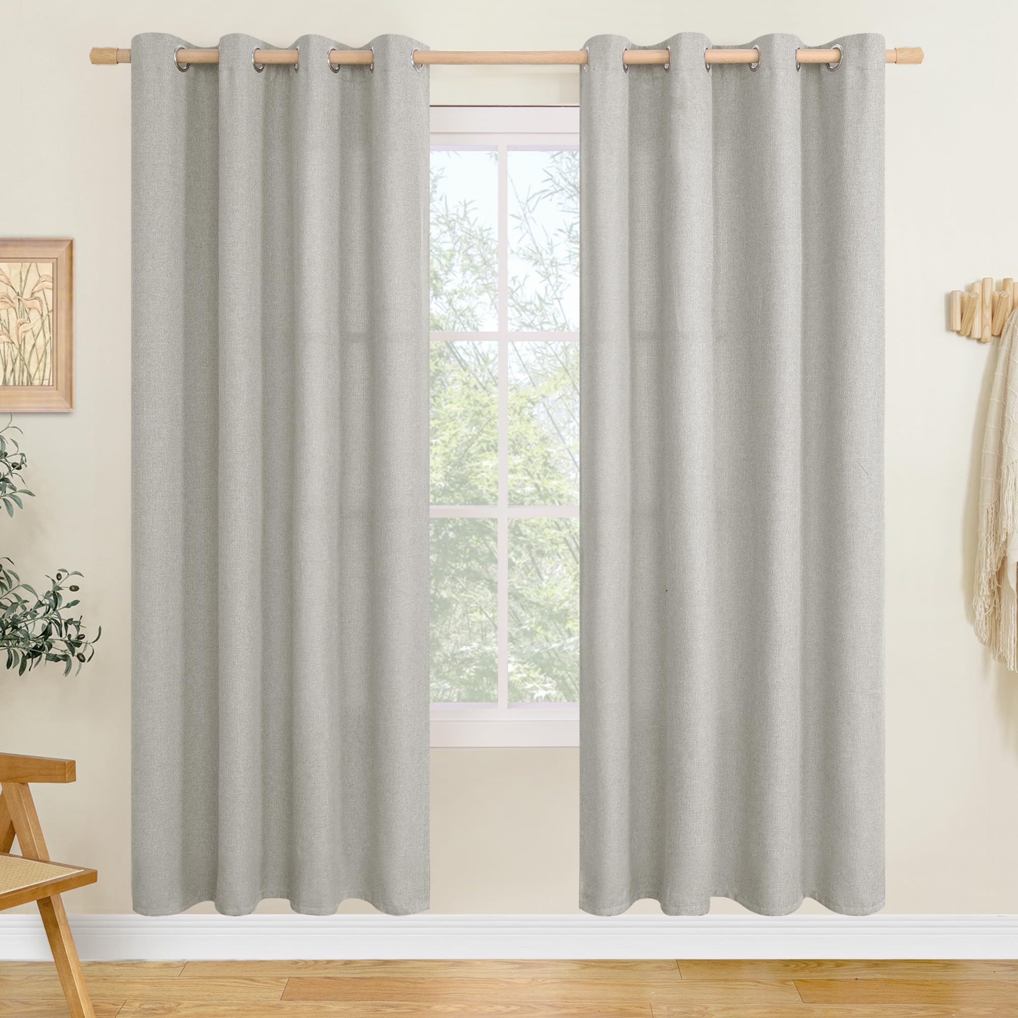 LAMIT Linen Curtains 84 inch Length 2 Panels, Grommet Thick Soft Light Filtering Curtains Privacy Living Room Window Drapes for Bedroom/Farmhouse, W52 x L84, Natural Beige