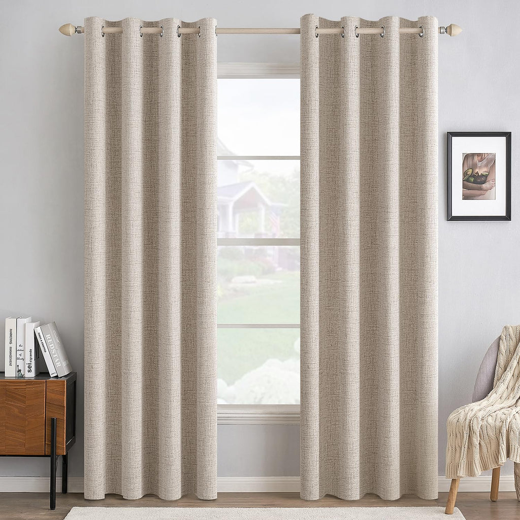 MIULEE 100% Blackout Linen Textured Curtains for Bedroom Solid Thermal Insulated Natural Beige Grommet Room Darkening Curtains & Drapes Luxury Decor for Living Room Nursery 52 x 96 Inch (2 Panels)