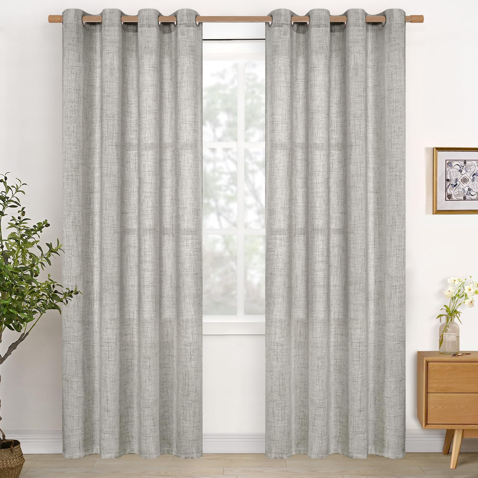 YoungsTex Linen Semi Sheer Curtains 63 Inch Length 2 Panels for Living Room - Light Filtering Drapes with Bronze Grommet Beige Window Treatments for Country Office Bedroom, 52 X 63 Inch