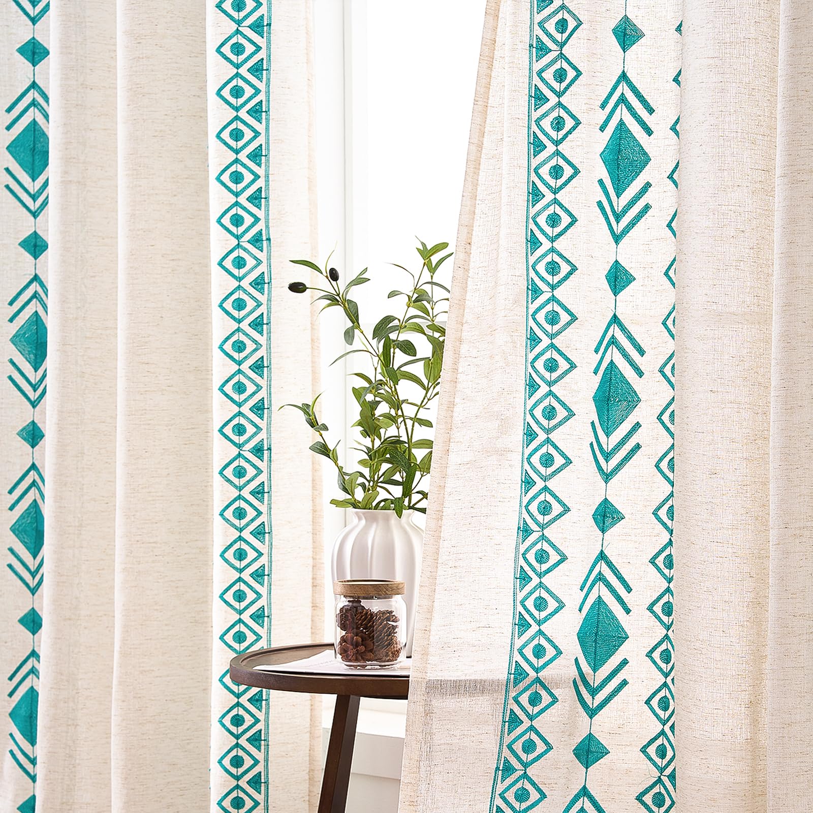 Beige Boho Curtains 63 Inches Long 2 Panels Neutral Linen Textured Curtains for Living Room Bedroom Cream Geometric Embroidered Grommet Top Light Filtering Window Drapes Taupe on Beige