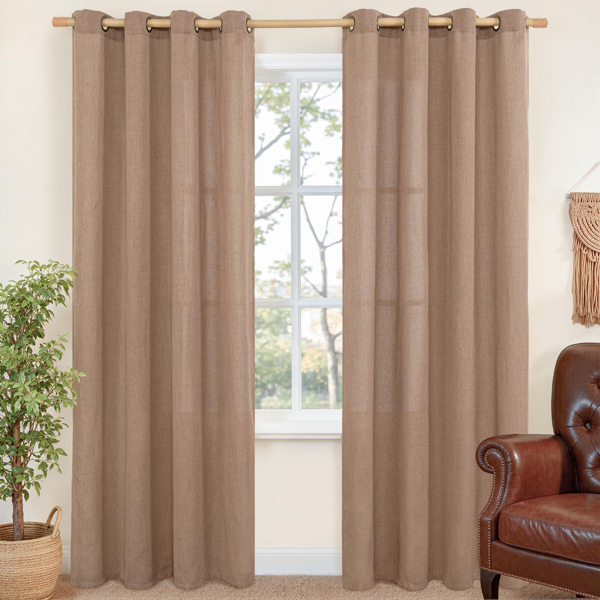 YoungsTex Linen Semi Sheer Curtains 63 Inch Length 2 Panels for Living Room - Light Filtering Drapes with Bronze Grommet Beige Window Treatments for Country Office Bedroom, 52 X 63 Inch