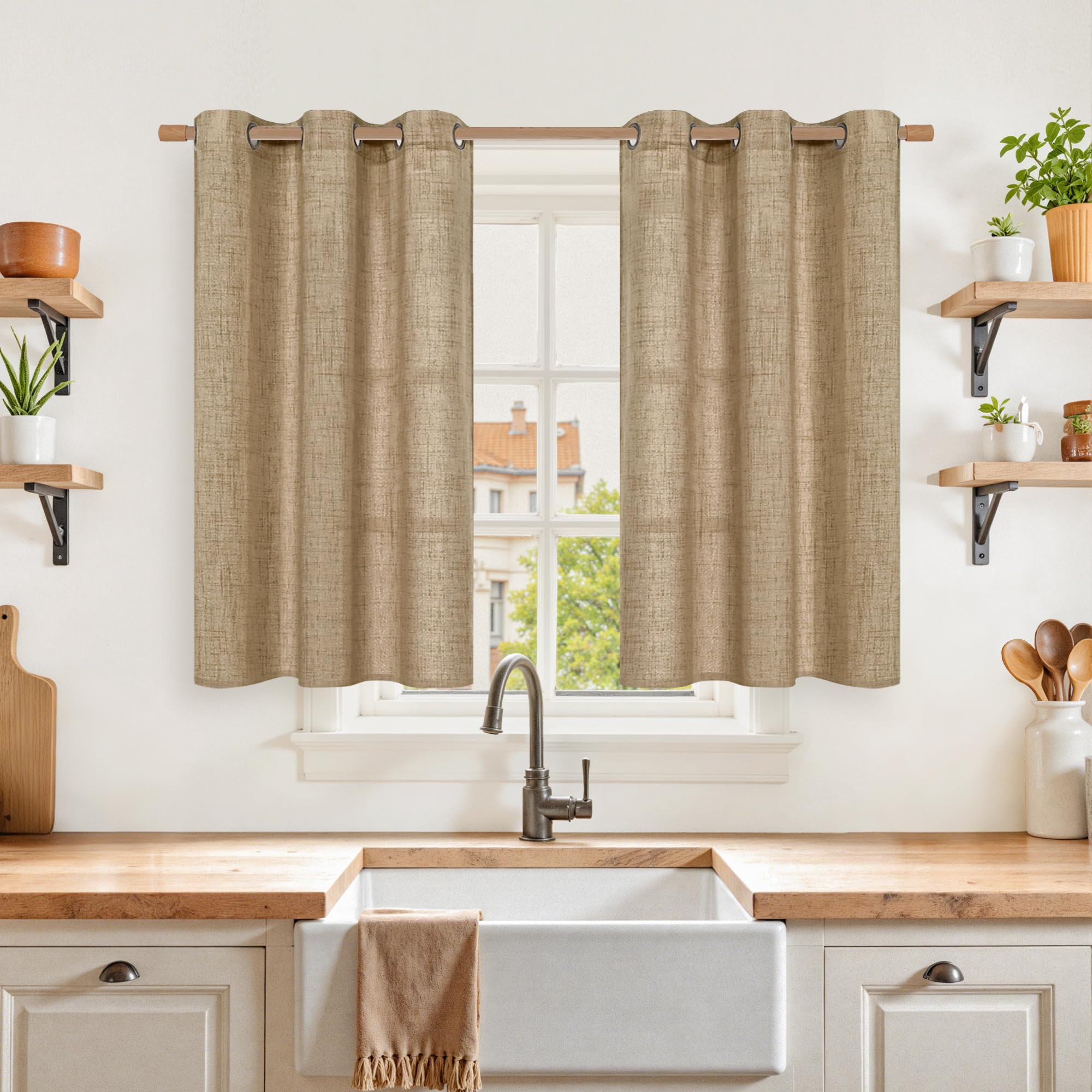 YoungsTex Linen Semi Sheer Curtains 63 Inch Length 2 Panels for Living Room - Light Filtering Drapes with Bronze Grommet Beige Window Treatments for Country Office Bedroom, 52 X 63 Inch
