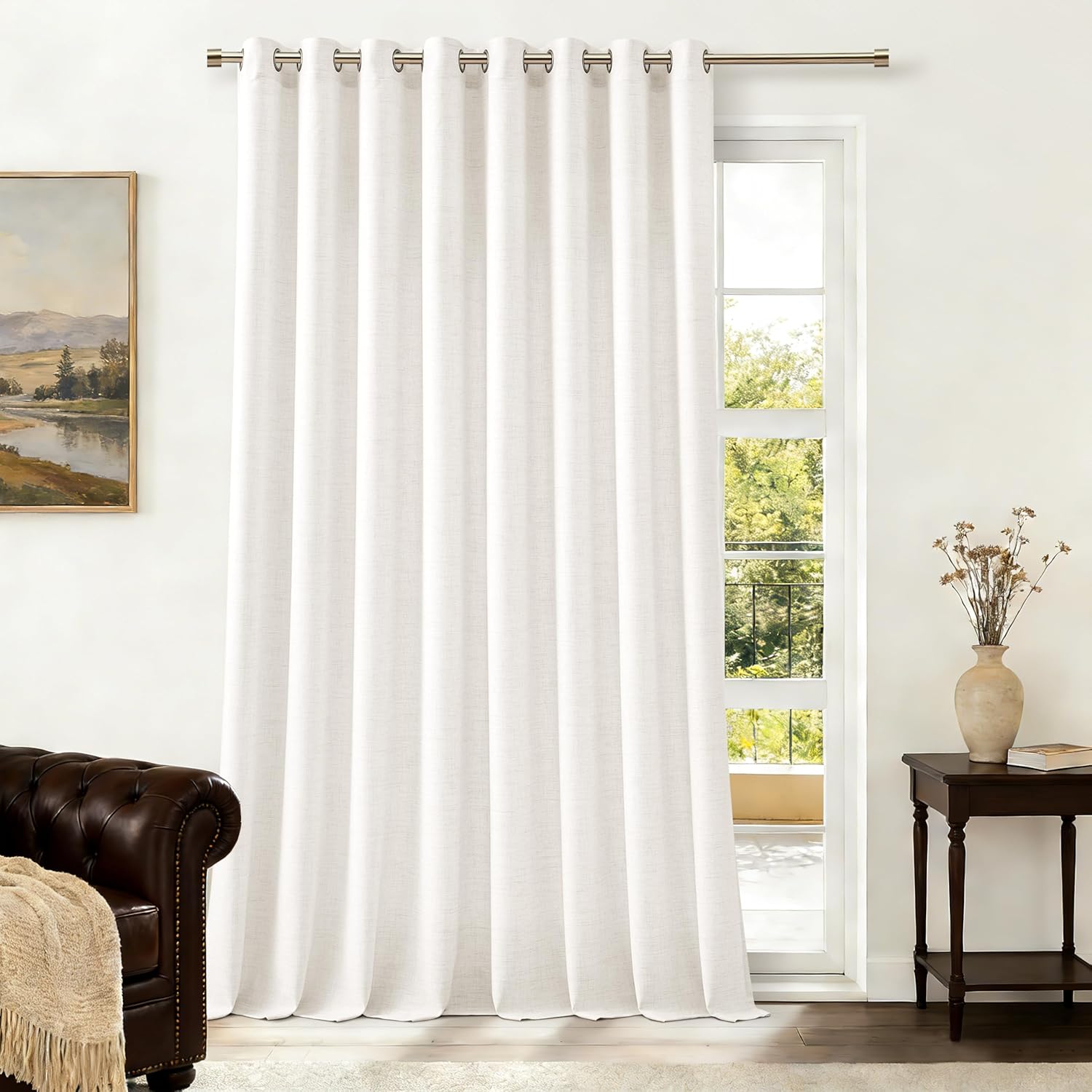 Natural Linen Curtains 96 Inches Long 2 Panels Bronze Grommet Curtain Burlap Ivory Cream Colored Light Filtering Semi Sheer Drapes Thick Linen Blend Floor to Ceiling Length Living Room 8ft