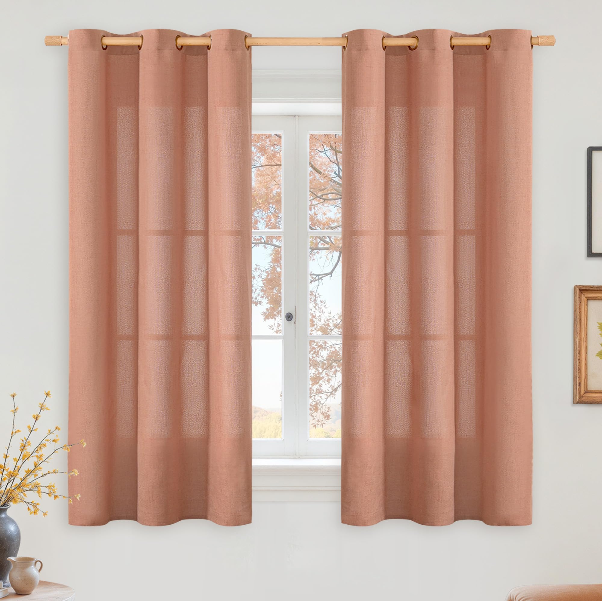 YoungsTex Linen Semi Sheer Curtains 63 Inch Length 2 Panels for Living Room - Light Filtering Drapes with Bronze Grommet Beige Window Treatments for Country Office Bedroom, 52 X 63 Inch