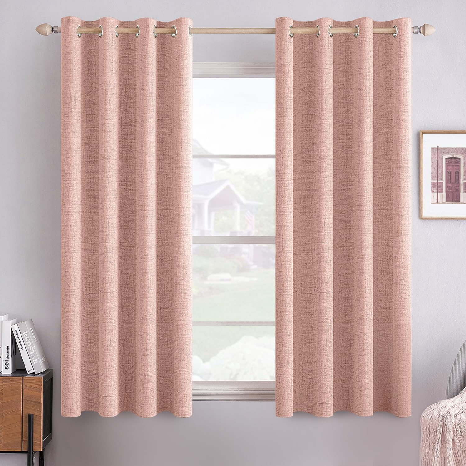 MIULEE 100% Blackout Linen Textured Curtains for Bedroom Solid Thermal Insulated Cream Grommet Room Darkening Curtains & Drapes Luxury Decor for Living Room Nursery 52 x 84 Inch (2 Panels)