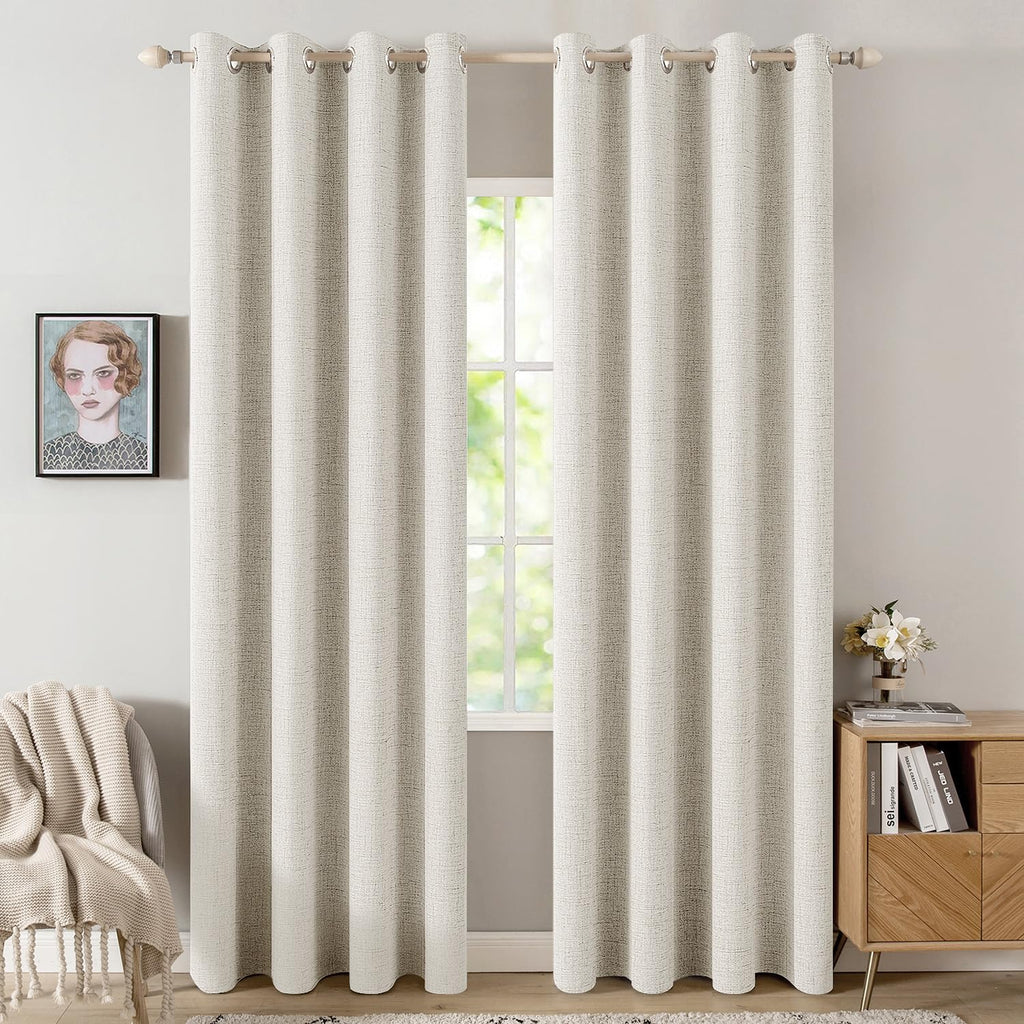MIULEE 100% Blackout Linen Textured Curtains for Bedroom Solid Thermal Insulated Cream Grommet Room Darkening Curtains & Drapes Luxury Decor for Living Room Nursery 52 x 84 Inch (2 Panels)