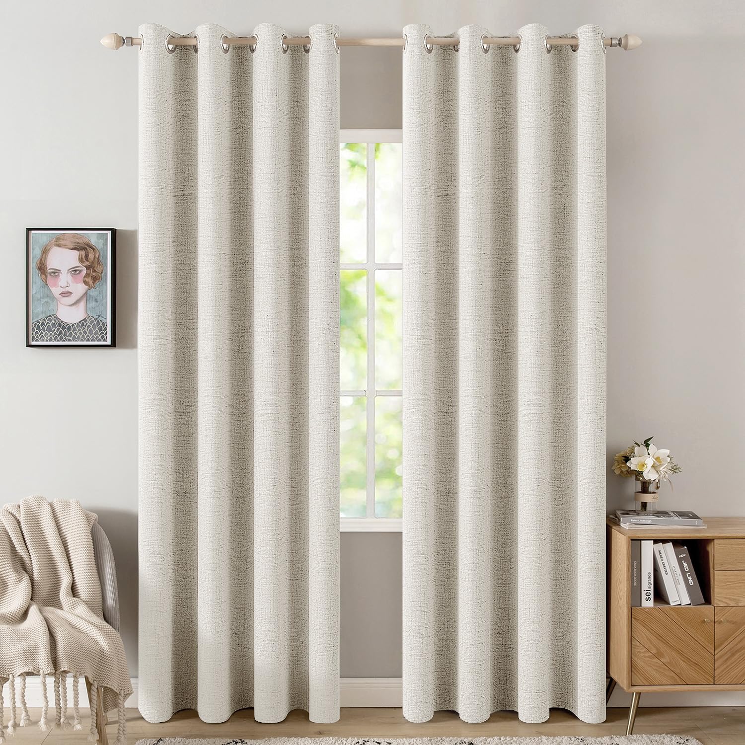 MIULEE 100% Blackout Linen Textured Curtains for Bedroom Solid Thermal Insulated Cream Grommet Room Darkening Curtains & Drapes Luxury Decor for Living Room Nursery 52 x 84 Inch (2 Panels)