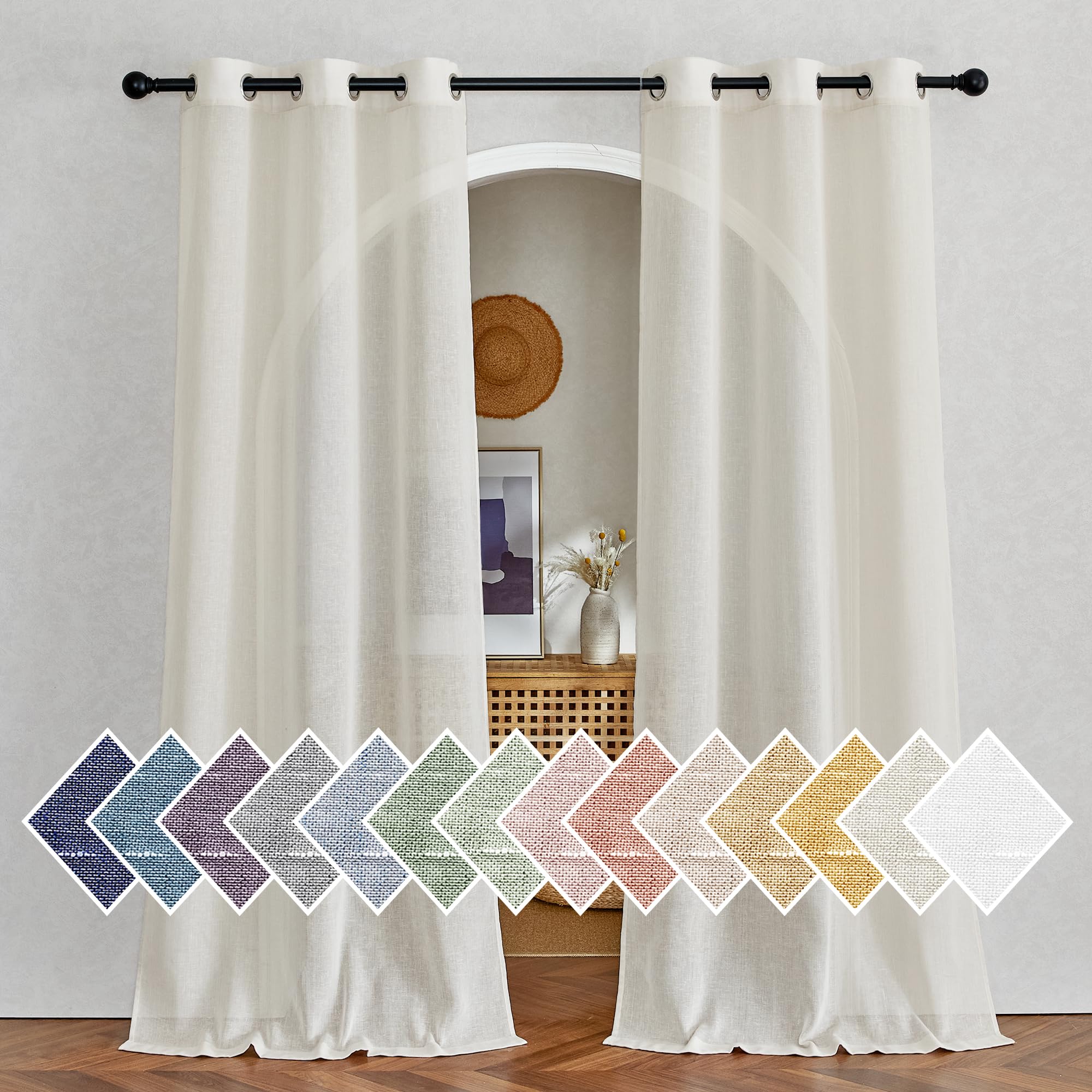 NICETOWN Semi Sheer Linen Curtains for Bedroom 84 inches Long, Grommet Privacy Vertical Farmhouse Window with Light Filtering for Living Room, Natural, W52 x L84, 2 Pieces