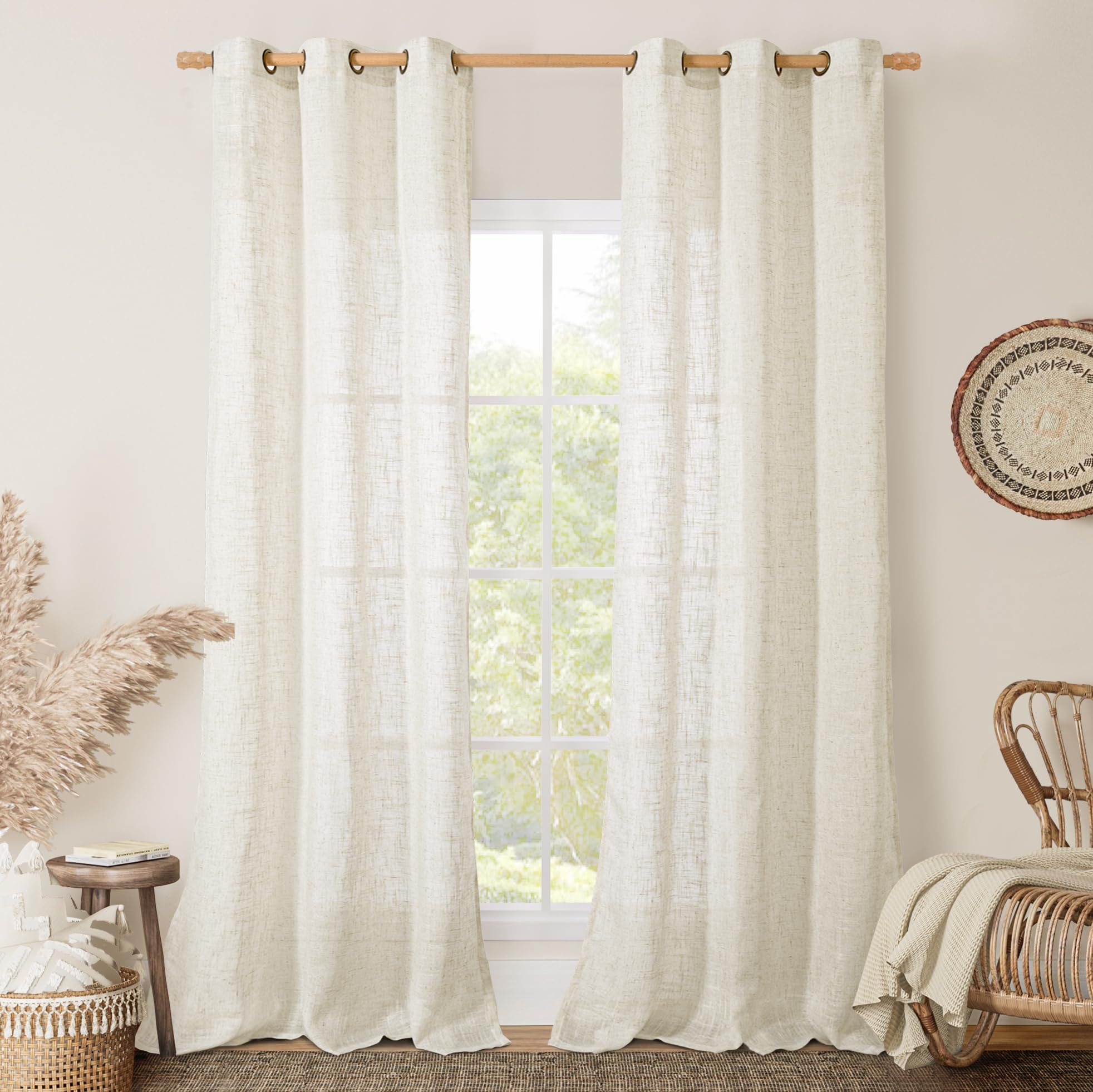 LAMIT Natural Ivory Linen Semi Sheer Curtains 84 inch Length, Cream Light Filtering Soft Thick Neutral Living Room Drapes with Bronze Grommet for Bedroom/Farmhouse, 2 Panels, 52 x 84 Inch