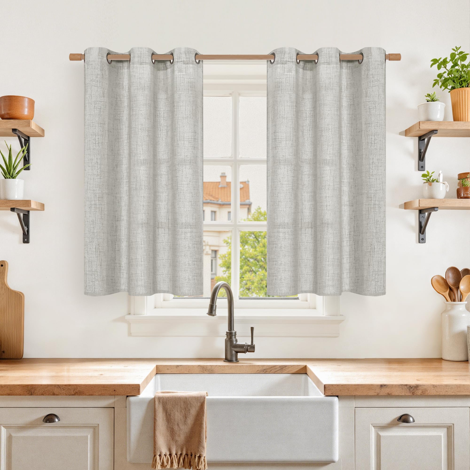 YoungsTex Linen Semi Sheer Curtains 63 Inch Length 2 Panels for Living Room - Light Filtering Drapes with Bronze Grommet Beige Window Treatments for Country Office Bedroom, 52 X 63 Inch