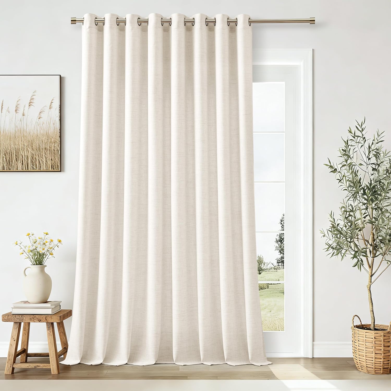 Natural Linen Curtains 96 Inches Long 2 Panels Bronze Grommet Curtain Burlap Ivory Cream Colored Light Filtering Semi Sheer Drapes Thick Linen Blend Floor to Ceiling Length Living Room 8ft