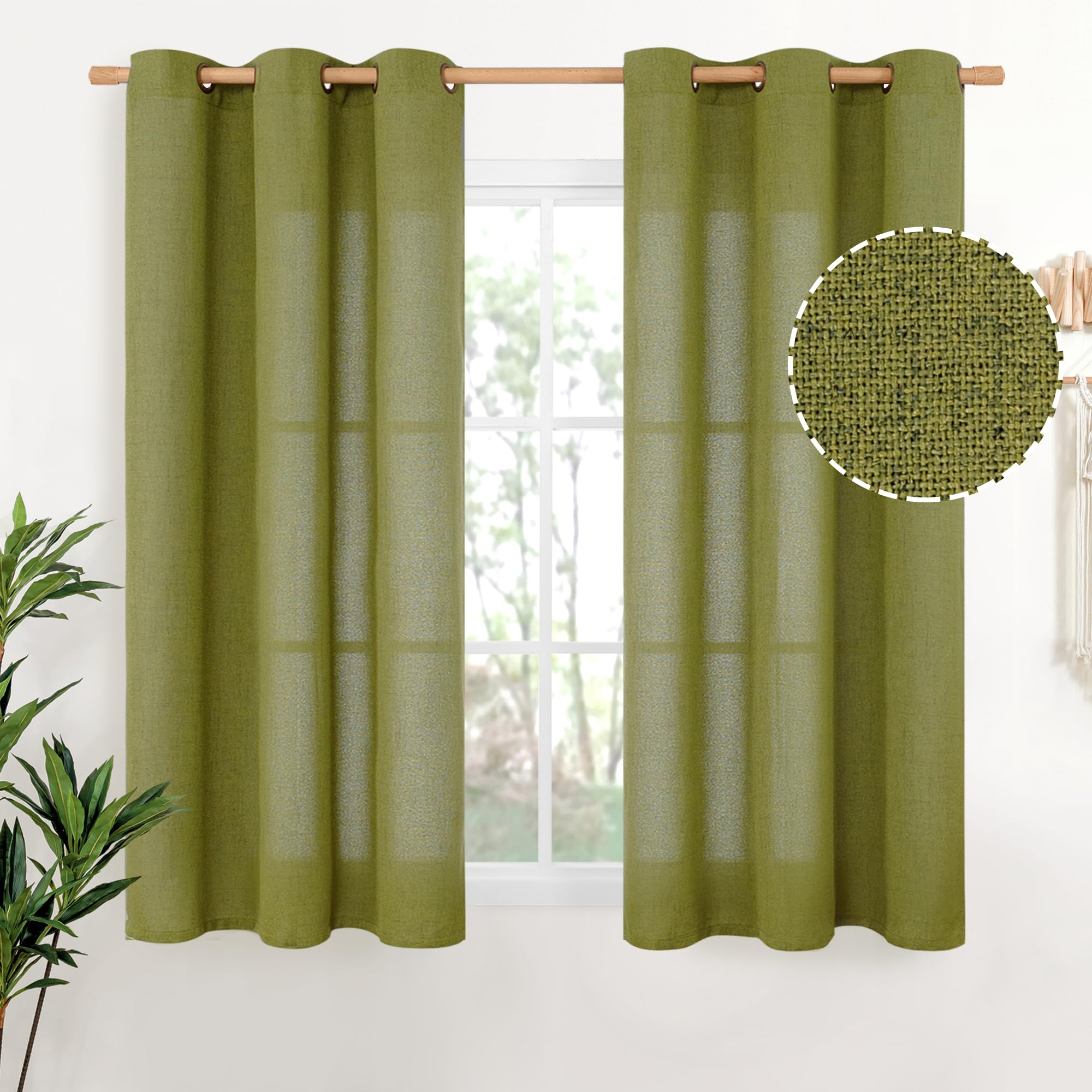 YoungsTex Linen Semi Sheer Curtains 63 Inch Length 2 Panels for Living Room - Light Filtering Drapes with Bronze Grommet Beige Window Treatments for Country Office Bedroom, 52 X 63 Inch