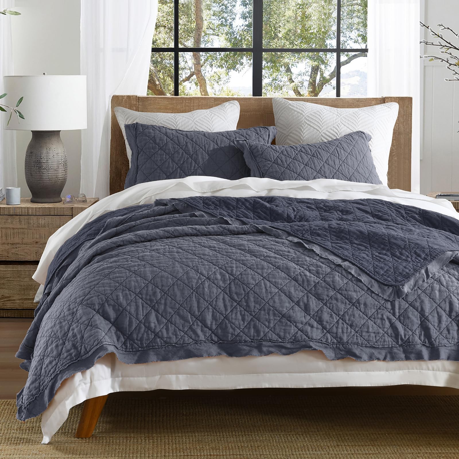 HORIMOTE HOME 100% Linen Front/100% Cotton Back Quilt Set Queen Size, White Pre-Washed European Flax Linen Quilt, Diamond Stitch Bedspread Coverlet Bedding Set 3-Piece for All Seasons