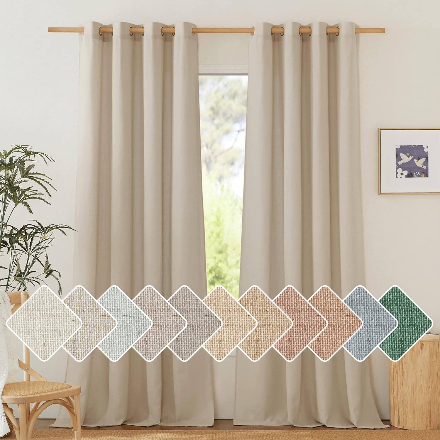 NICETOWN Natural Linen Curtains 84 inch Long 2 Panels Set, Grommet Top Thick Linen Burlap Semi Sheer Vertical Drapes Privacy Assured with Light Filtering for Bedroom/Living Room, W55 x L84