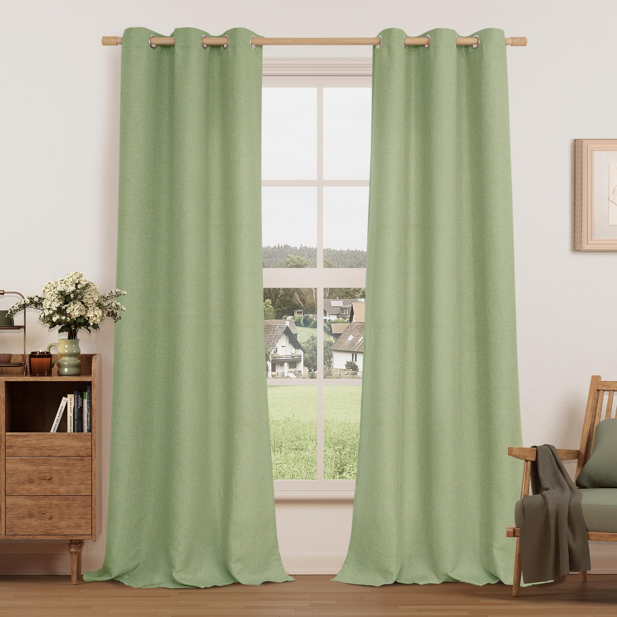 LAMIT Linen Curtains 84 inch Length 2 Panels, Grommet Thick Soft Light Filtering Curtains Privacy Living Room Window Drapes for Bedroom/Farmhouse, W52 x L84, Natural Beige