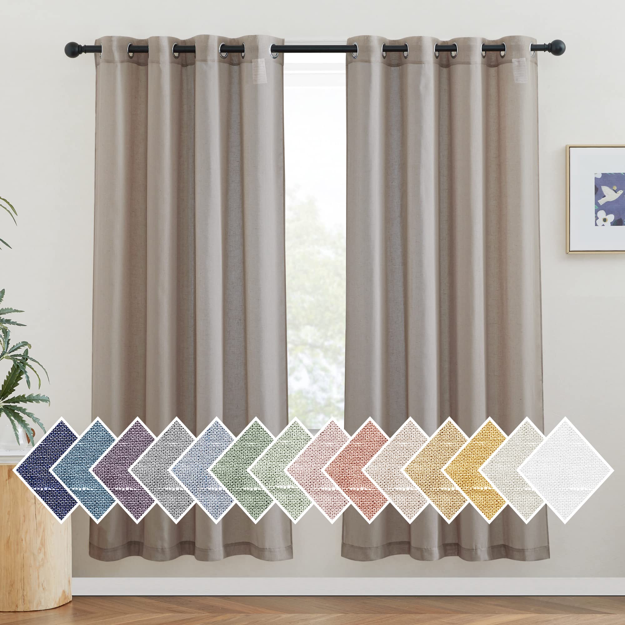NICETOWN Semi Sheer Linen Curtains for Bedroom 84 inches Long, Grommet Privacy Vertical Farmhouse Window with Light Filtering for Living Room, Natural, W52 x L84, 2 Pieces