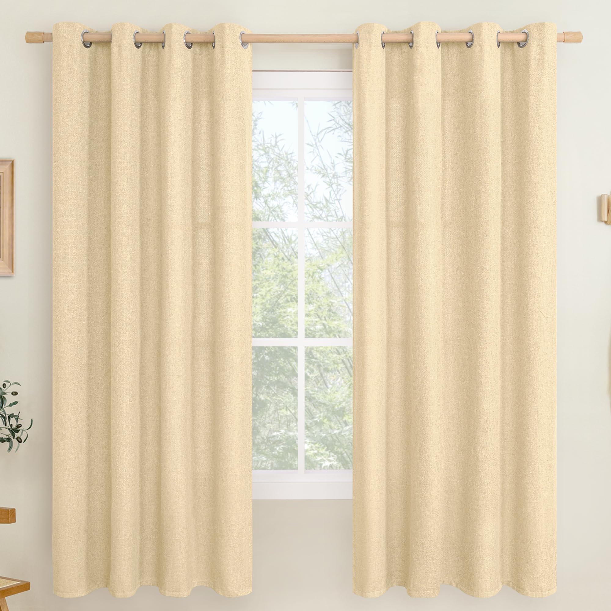 LAMIT Linen Curtains 84 inch Length 2 Panels, Grommet Thick Soft Light Filtering Curtains Privacy Living Room Window Drapes for Bedroom/Farmhouse, W52 x L84, Natural Beige