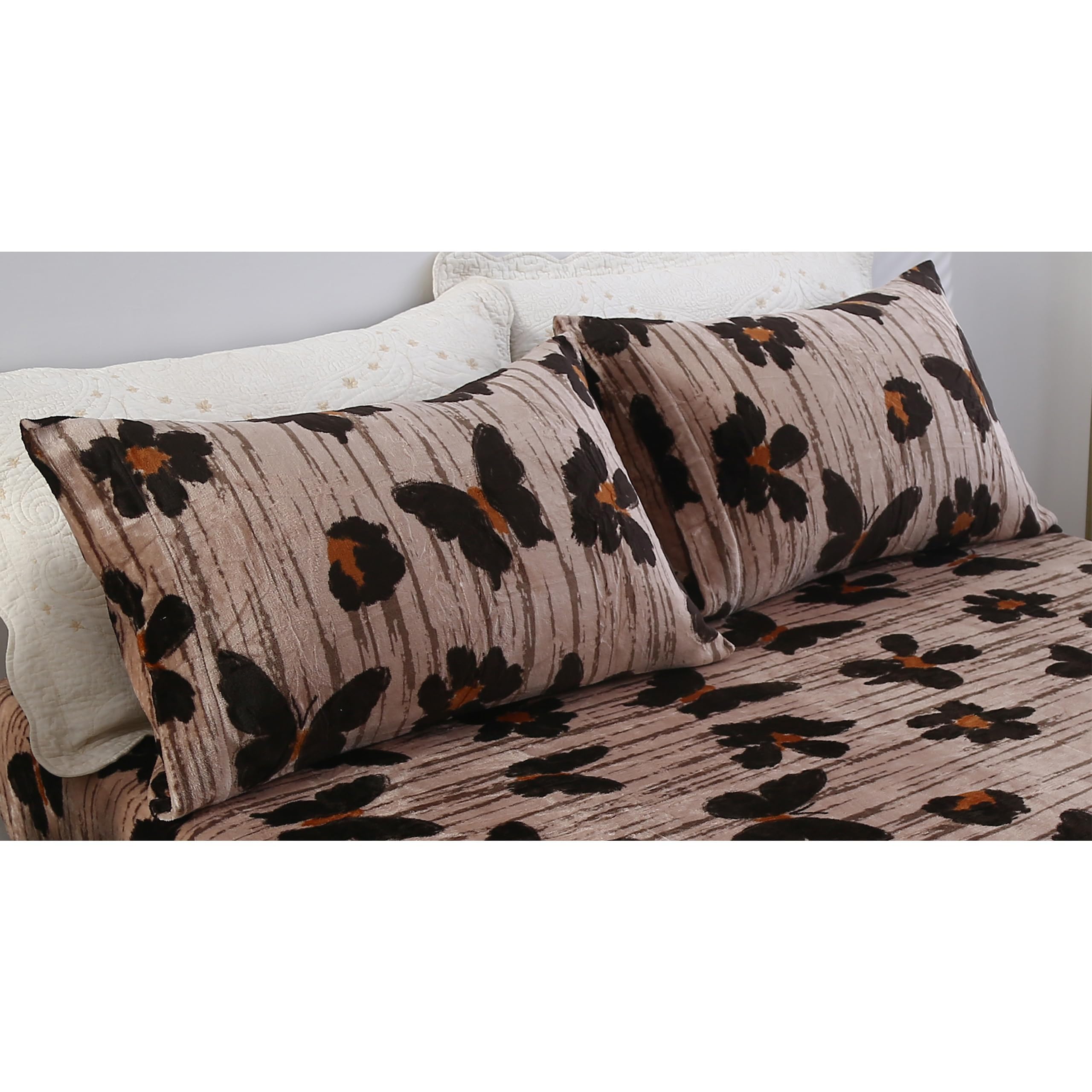MAG 3Pcs Fleece Fitted Sheet Full Size with Brown Floral Pattern, Super Cute Fluffy Warm Flower Print Decor Bottom Sheets for Women Girls,included1*Fitted Sheet and 2*Pillowcases.