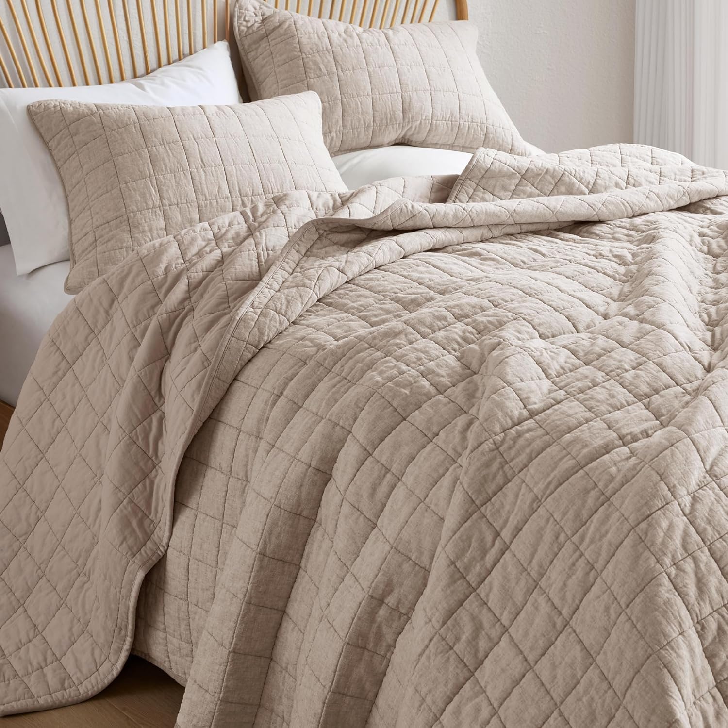 Hyde Lane Linen Quilt Set King Size - Breathable Box Stitched European Flax Bedding Set for Bedspread and Coverlet, with 2 Pillow Shams, 106"x96", Linen