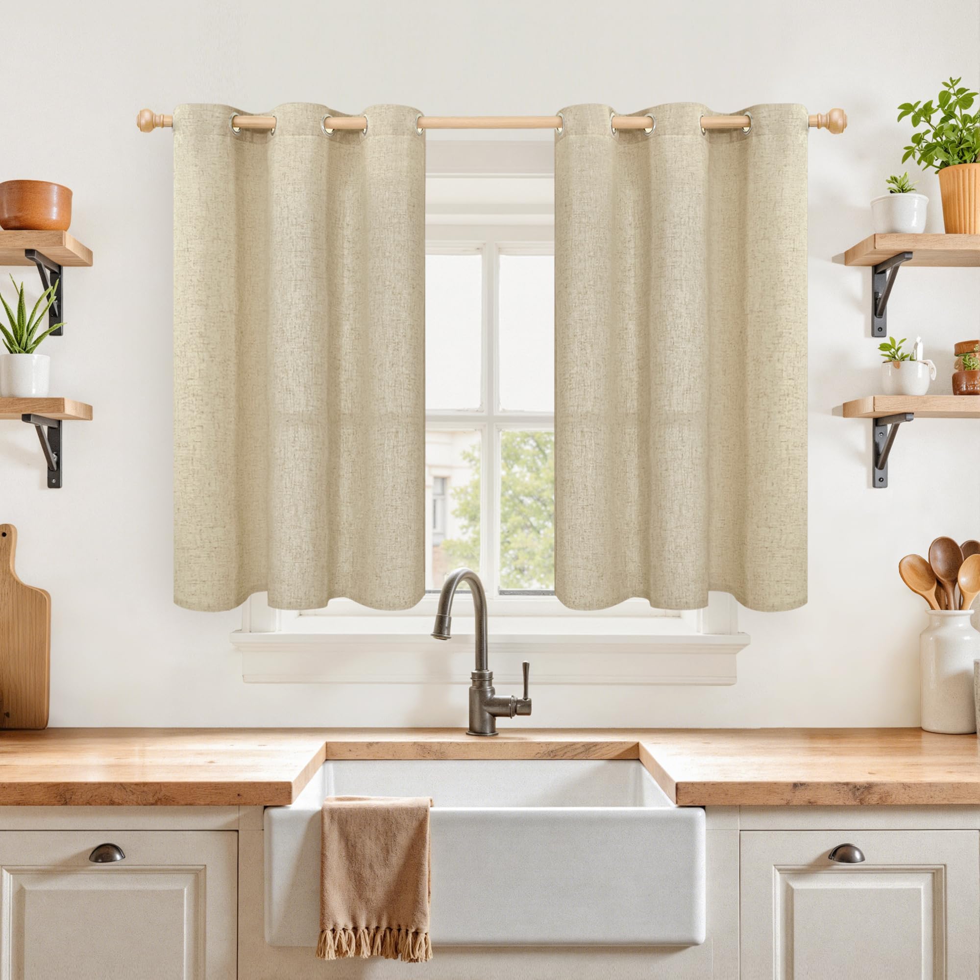 YoungsTex Linen Semi Sheer Curtains 63 Inch Length 2 Panels for Living Room - Light Filtering Drapes with Bronze Grommet Beige Window Treatments for Country Office Bedroom, 52 X 63 Inch