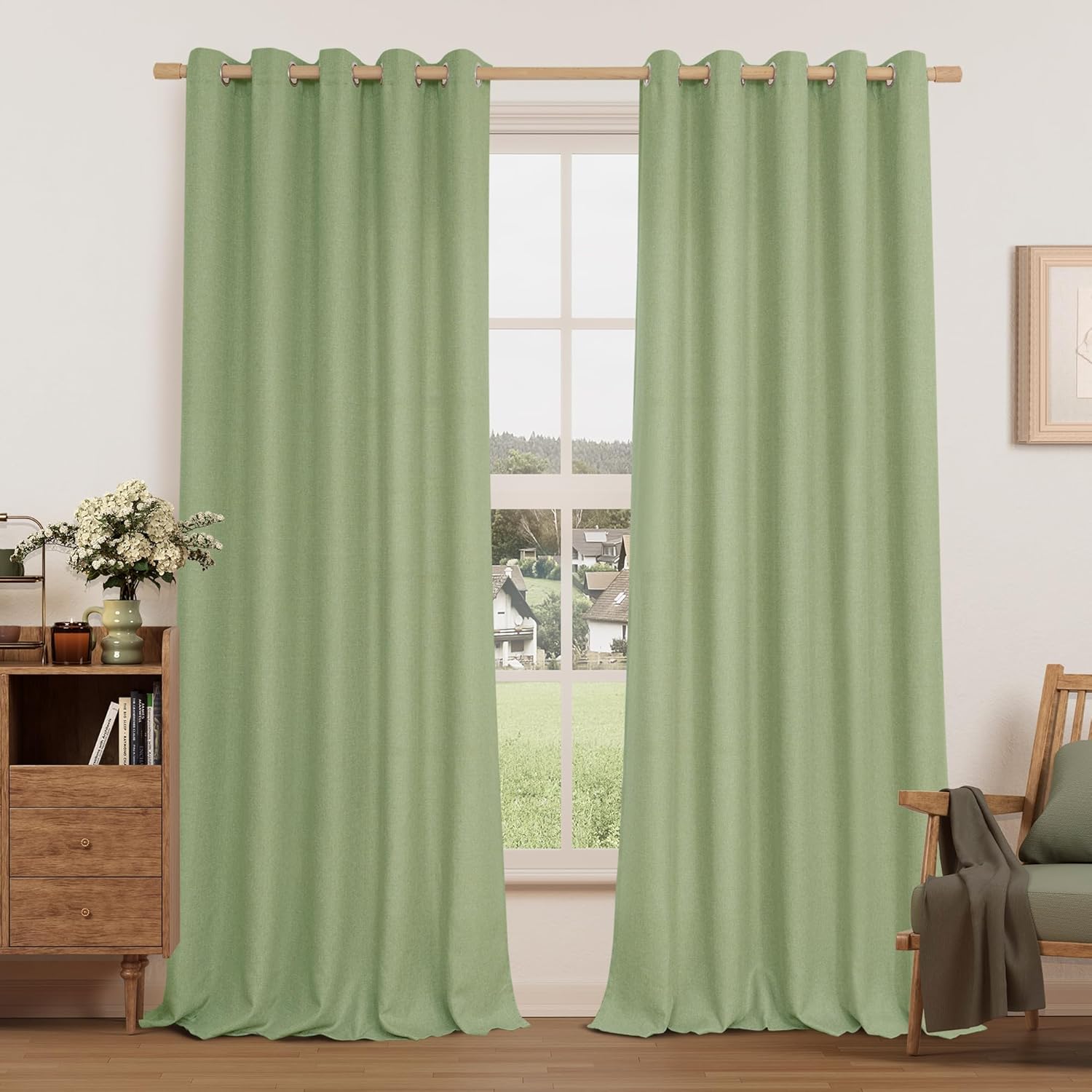 LAMIT Linen Curtains 84 inch Length 2 Panels, Grommet Thick Soft Light Filtering Curtains Privacy Living Room Window Drapes for Bedroom/Farmhouse, W52 x L84, Natural Beige