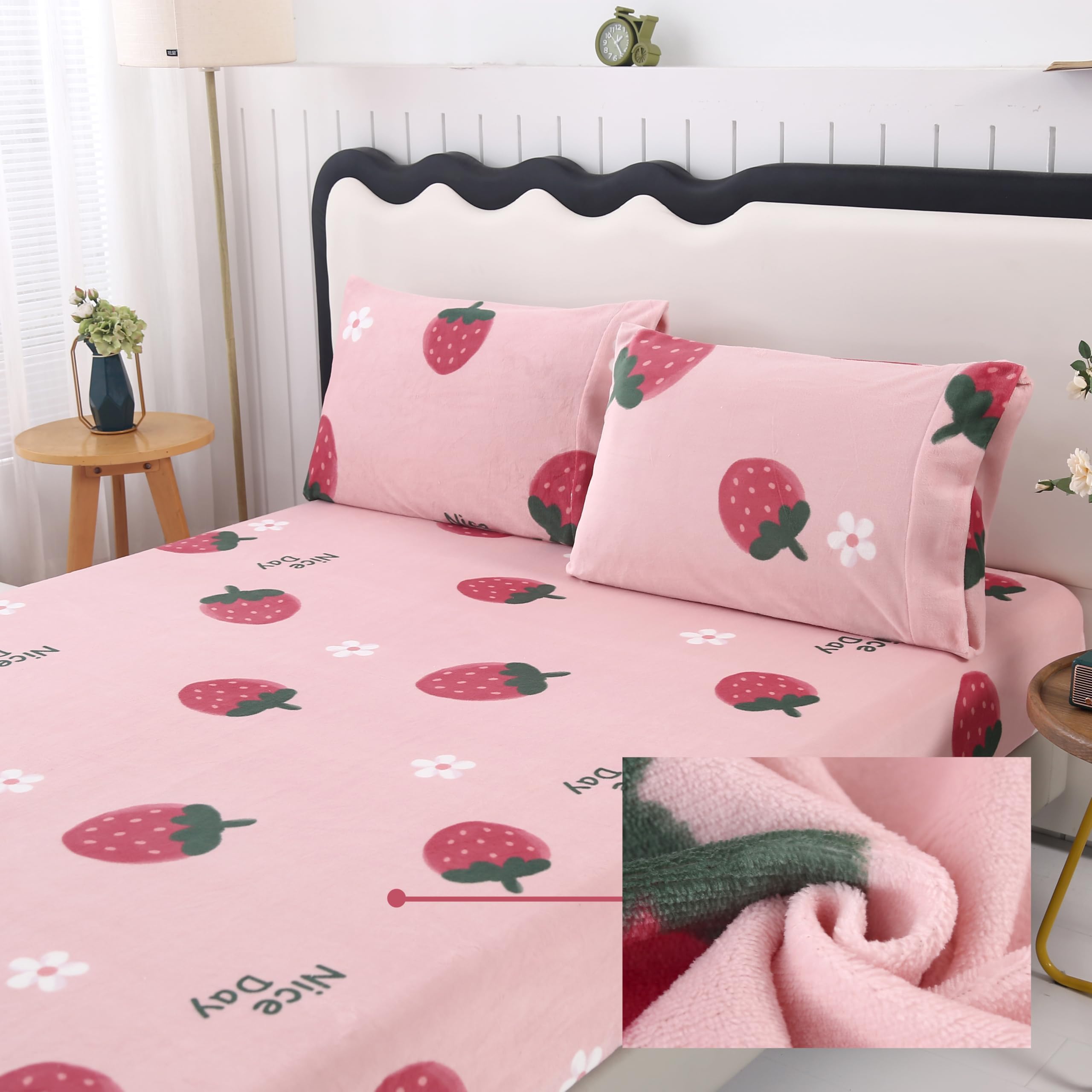 MAG 3Pcs Fleece Fitted Sheet Twin Size with Pink Cherry Pattern, Super Cute Fluffy Warm Bottom Sheets for Kids,Girls,included1*Fitted Sheet and 2*Pillowcases.