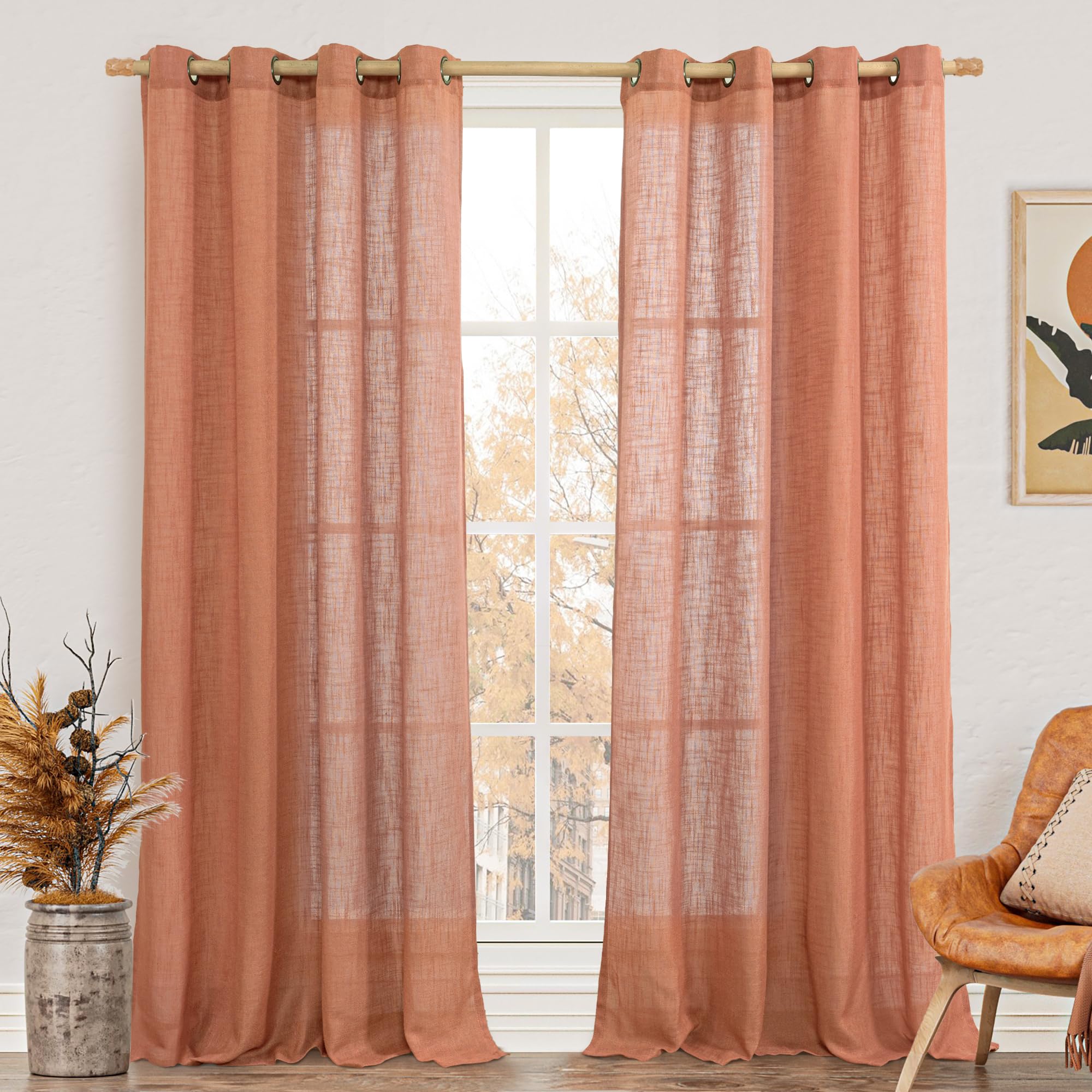 LAMIT Natural Ivory Linen Semi Sheer Curtains 84 inch Length, Cream Light Filtering Soft Thick Neutral Living Room Drapes with Bronze Grommet for Bedroom/Farmhouse, 2 Panels, 52 x 84 Inch