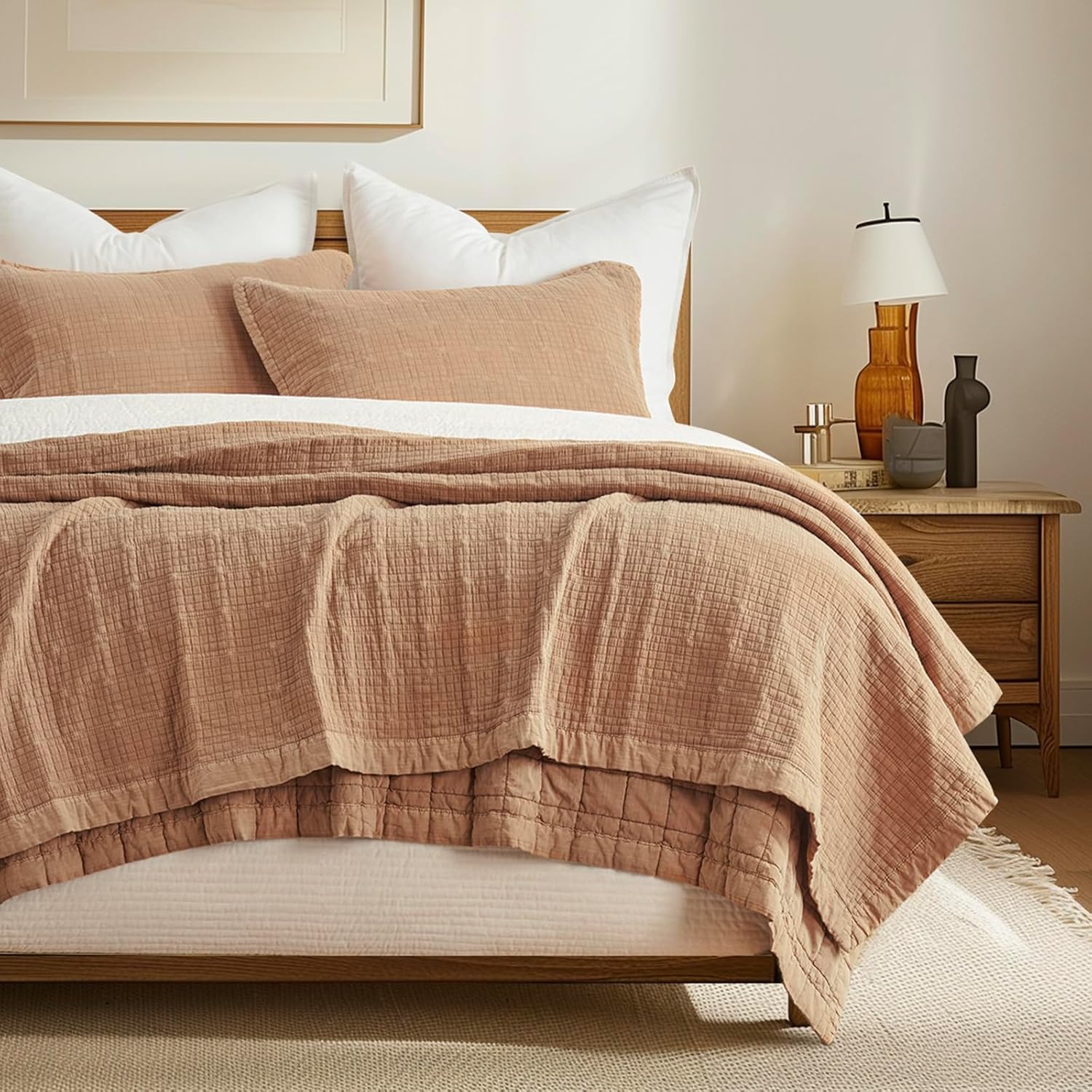 EVERGRACEHOME Stonewashed Cotton Quilt Set King Size, Ultra Soft Oversized Bedspread Coverlet Set, Lightweight Crinkle Box Stitch Bedding Sets for All Season, with 2 Shams, Mocha Brown