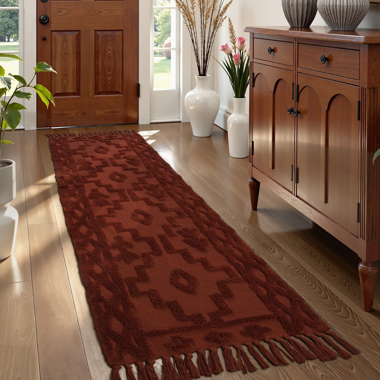 Uphome Boho Bathroom Rug 2' x 3', Washable Small Farmhouse Bedroom Rugs with Tassels, Beige Geometric Bath Mats for Home Decor, Cotton Woven Moroccan Tufted Throw Rug for Entryway Front Door Kitchen