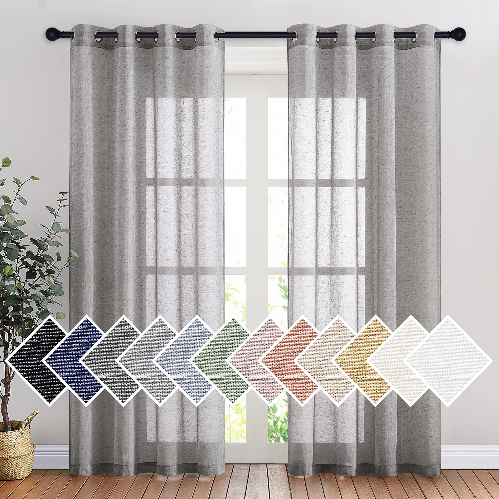 NICETOWN Semi Sheer Linen Curtains for Bedroom 84 inches Long, Grommet Privacy Vertical Farmhouse Window with Light Filtering for Living Room, Natural, W52 x L84, 2 Pieces