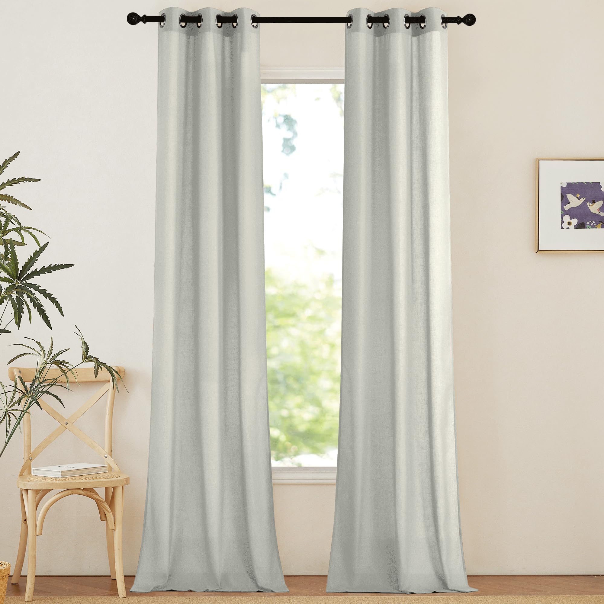 NICETOWN Natural Linen Curtains 84 inch Long 2 Panels Set, Grommet Top Thick Linen Burlap Semi Sheer Vertical Drapes Privacy Assured with Light Filtering for Bedroom/Living Room, W55 x L84