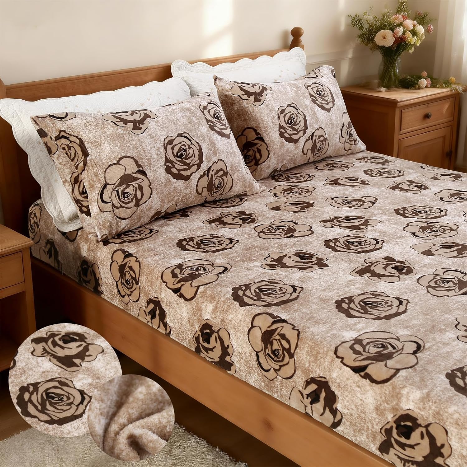 MAG 3Pcs Fleece Fitted Sheet Full Size with Brown Floral Pattern, Super Cute Fluffy Warm Flower Print Decor Bottom Sheets for Women Girls,included1*Fitted Sheet and 2*Pillowcases.