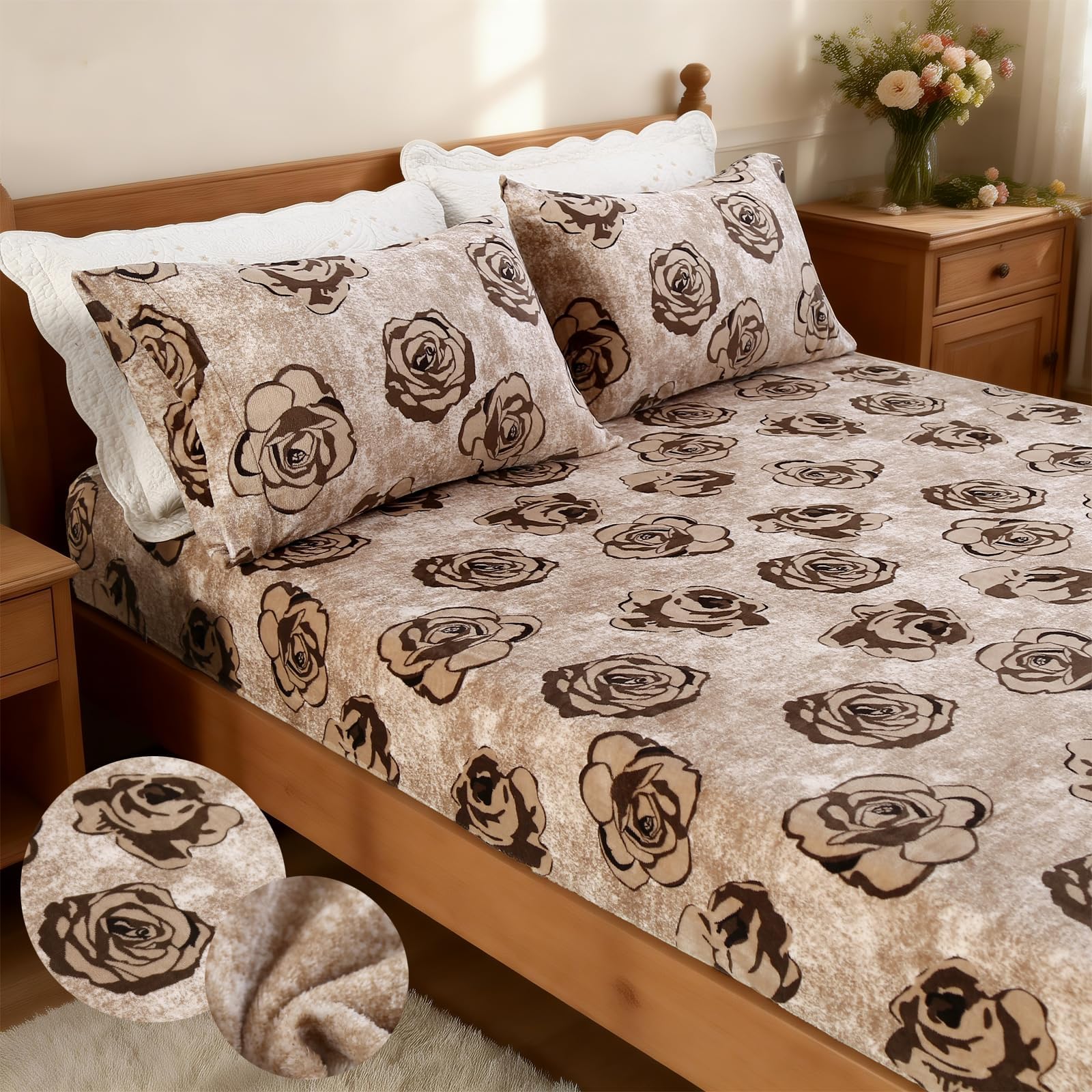 MAG 3Pcs Fleece Fitted Sheet Full Size with Brown Floral Pattern, Super Cute Fluffy Warm Flower Print Decor Bottom Sheets for Women Girls,included1*Fitted Sheet and 2*Pillowcases.