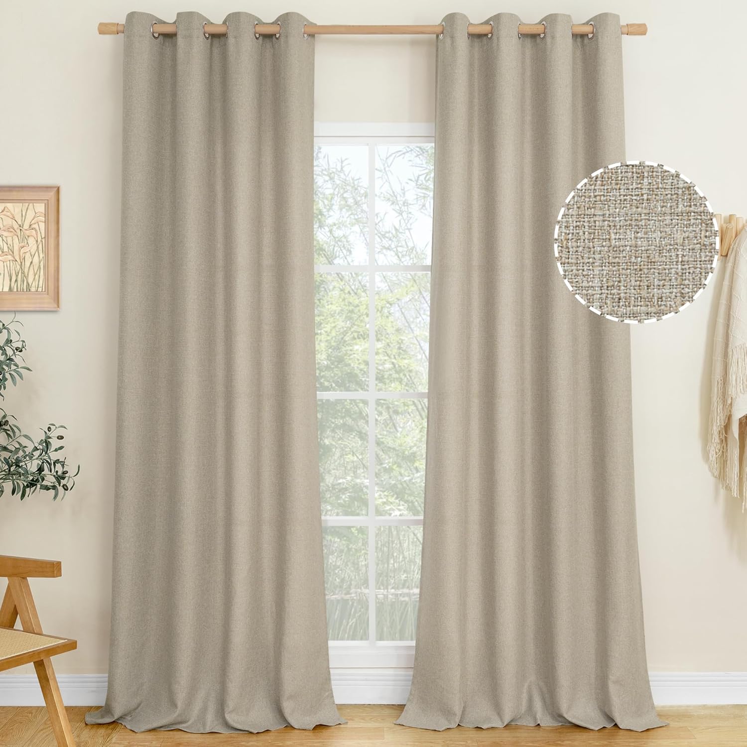 LAMIT Linen Curtains 84 inch Length 2 Panels, Grommet Thick Soft Light Filtering Curtains Privacy Living Room Window Drapes for Bedroom/Farmhouse, W52 x L84, Natural Beige
