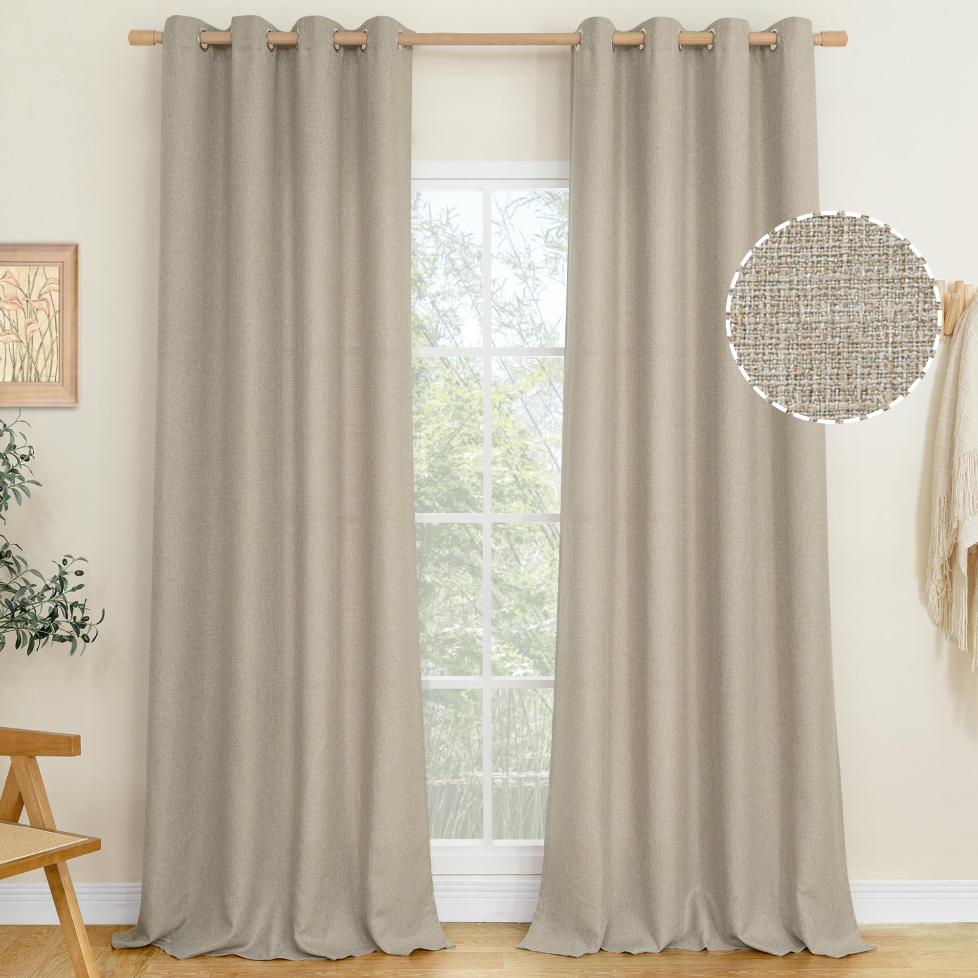 LAMIT Linen Curtains 84 inch Length 2 Panels, Grommet Thick Soft Light Filtering Curtains Privacy Living Room Window Drapes for Bedroom/Farmhouse, W52 x L84, Natural Beige