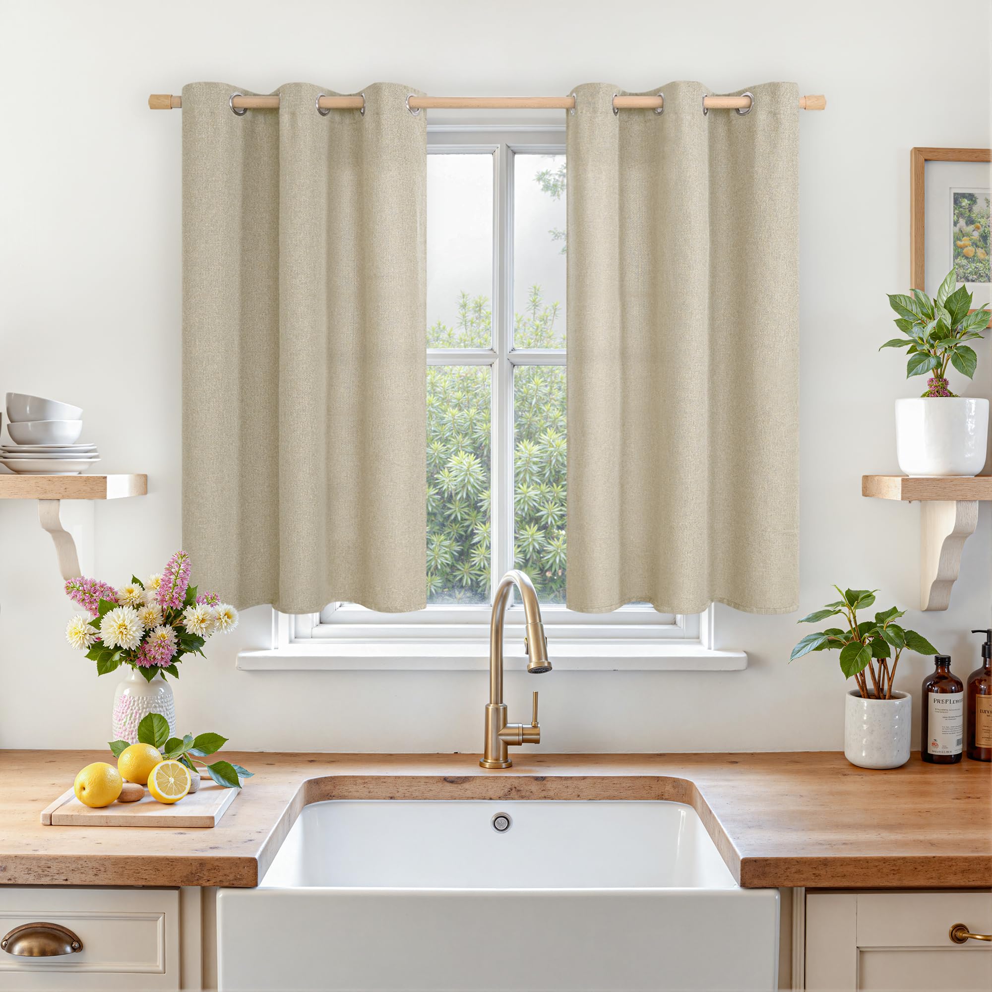 LAMIT Linen Curtains 84 inch Length 2 Panels, Grommet Thick Soft Light Filtering Curtains Privacy Living Room Window Drapes for Bedroom/Farmhouse, W52 x L84, Natural Beige