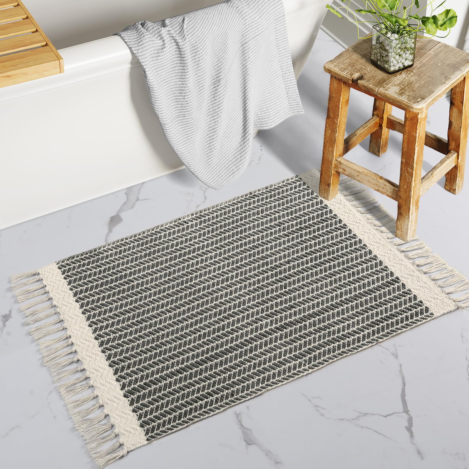 Lahome Belle Boho Hallway Runner Rug, 2x6 Laundry Room Lightweight Entry Woven Cotton Throw Mat with Tassels, Farmhouse Non Shedding Washable Black Low Pile Runner for Kitchen Bathroom